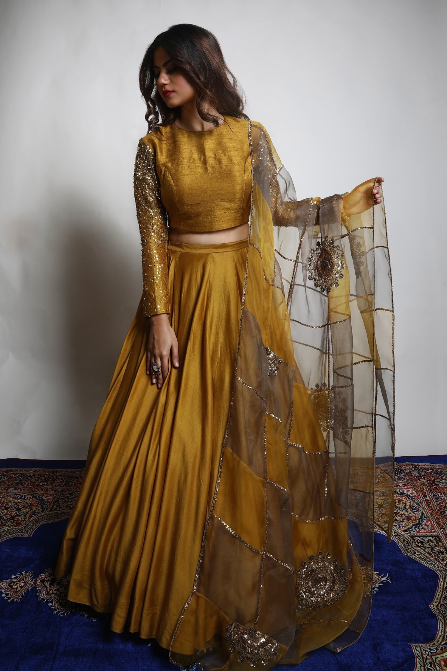 Mona and Vishu Gold Lehenga And Blouse: Dupion Silk Embroidered Zari Round Neck Set For Women