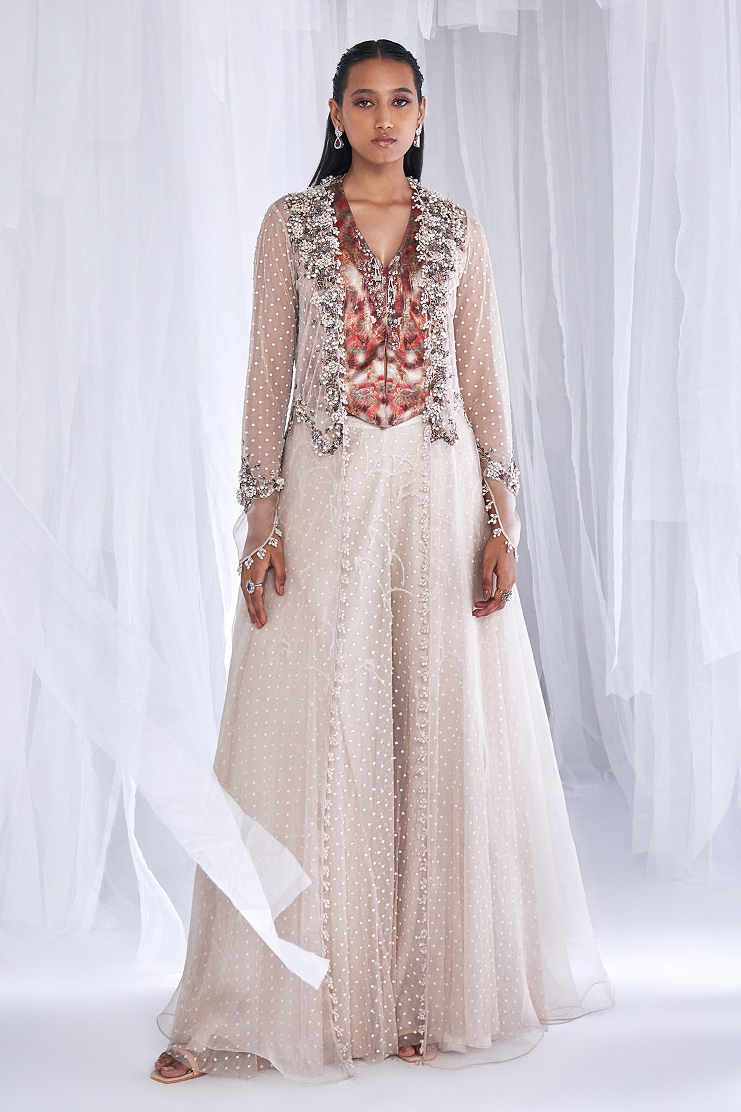 Buy Dolly J Ivory Tulle + Satin Shirin Sharara Jacket Set And