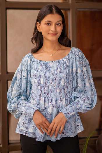 V Neck Smock Top Blue Floral
