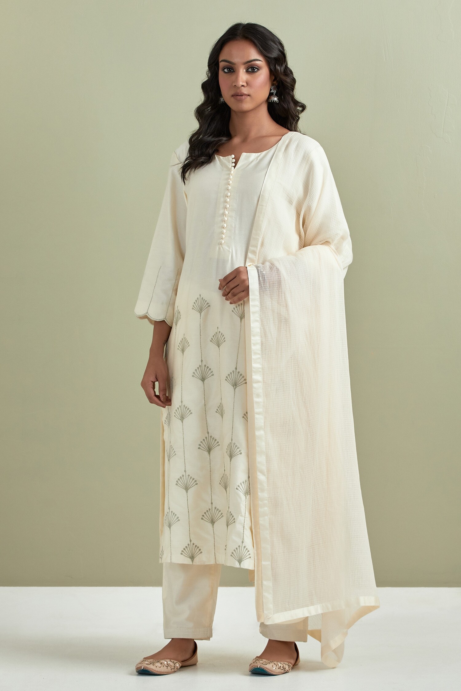 Buy Priya Chaudhary Off White Chanderi Silk Embroidered Kurta Pant Set Online Aza Fashions