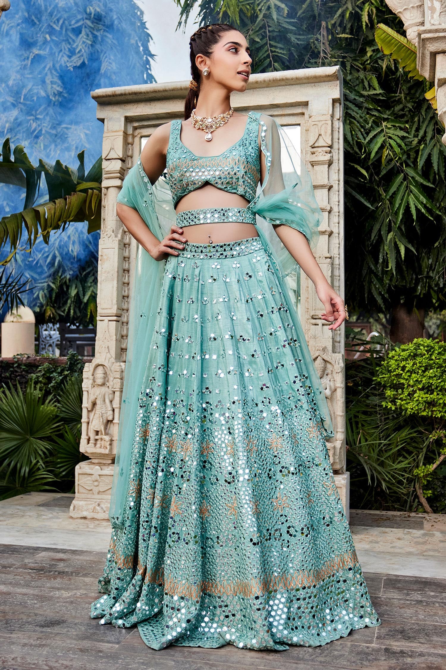 Buy Green Dupion Crepe Embroidery Mirror Deep Round Blouse Lehenga Set ...