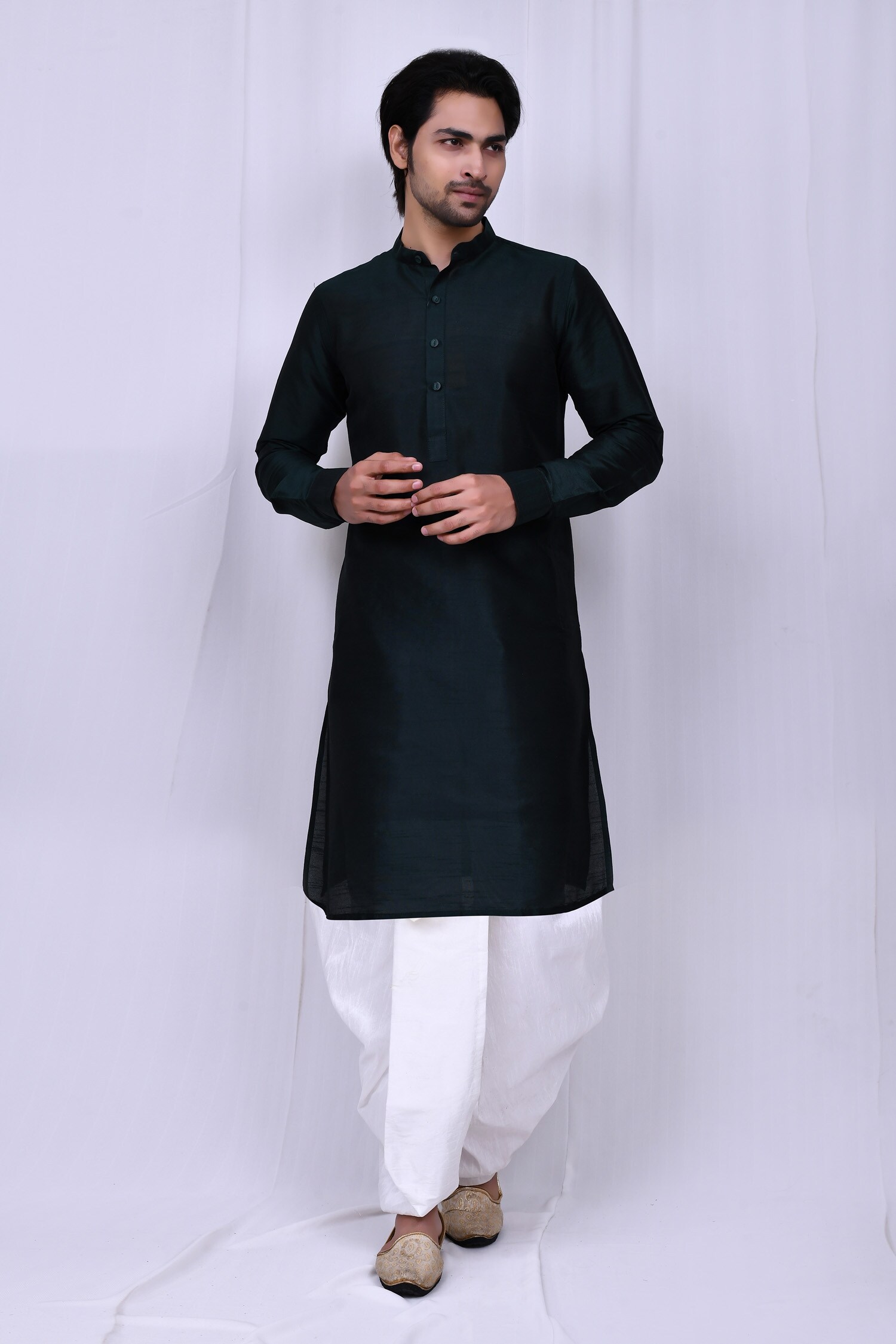 Buy Green Art Silk Cuff Sleeve Kurta And Dhoti Pant Set For Men by Arihant Rai Sinha Online at