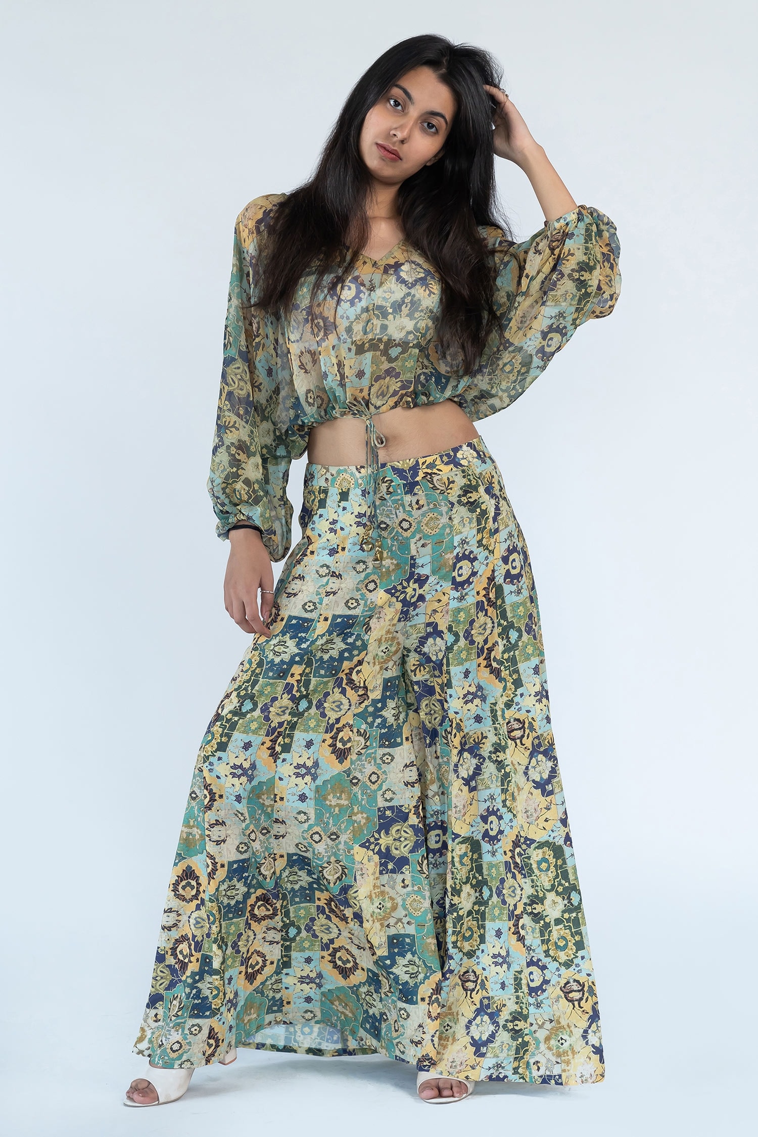 Buy Green Georgette Print Persian V Neck Crop Top And Palazzo Pant Set ...