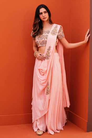 Talking Threads Nude Pink Pre-Draped Saree with Silver Floral Embroidery main image 0