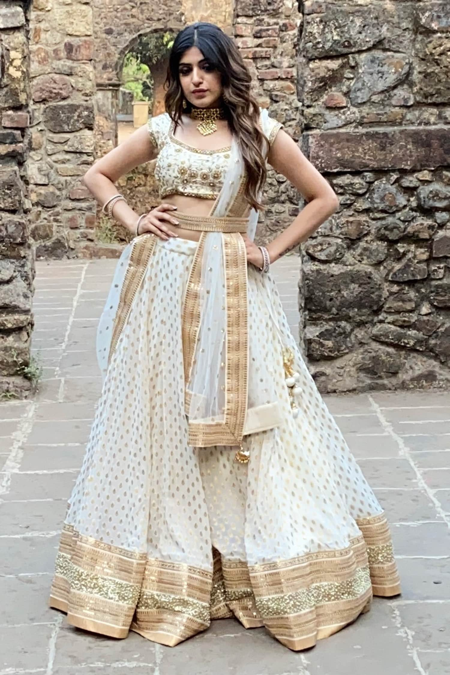 Buy Ivory Raw Silk Embroidered Sequin Round Lehenga Set For Women