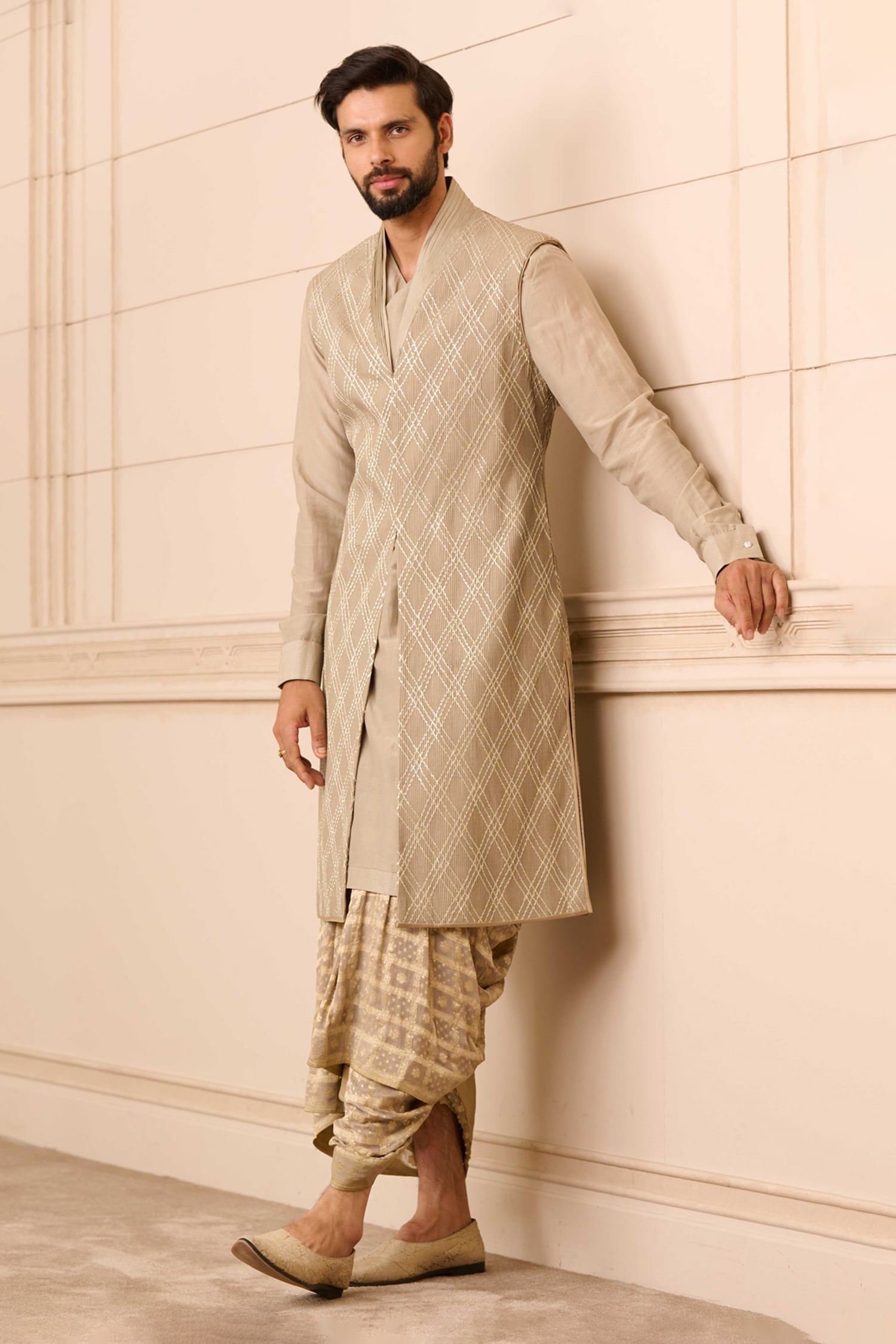 Buy Beige Dhoti : Heavy Brocade Textured Geometric Sherwani And Pant ...