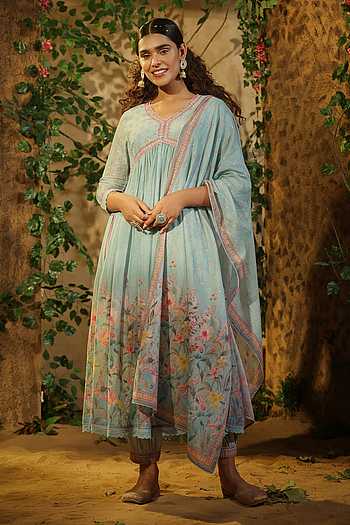 Women Green Overlap Cotton Anarkali With Ajrakh Hand Block Print - Inayat