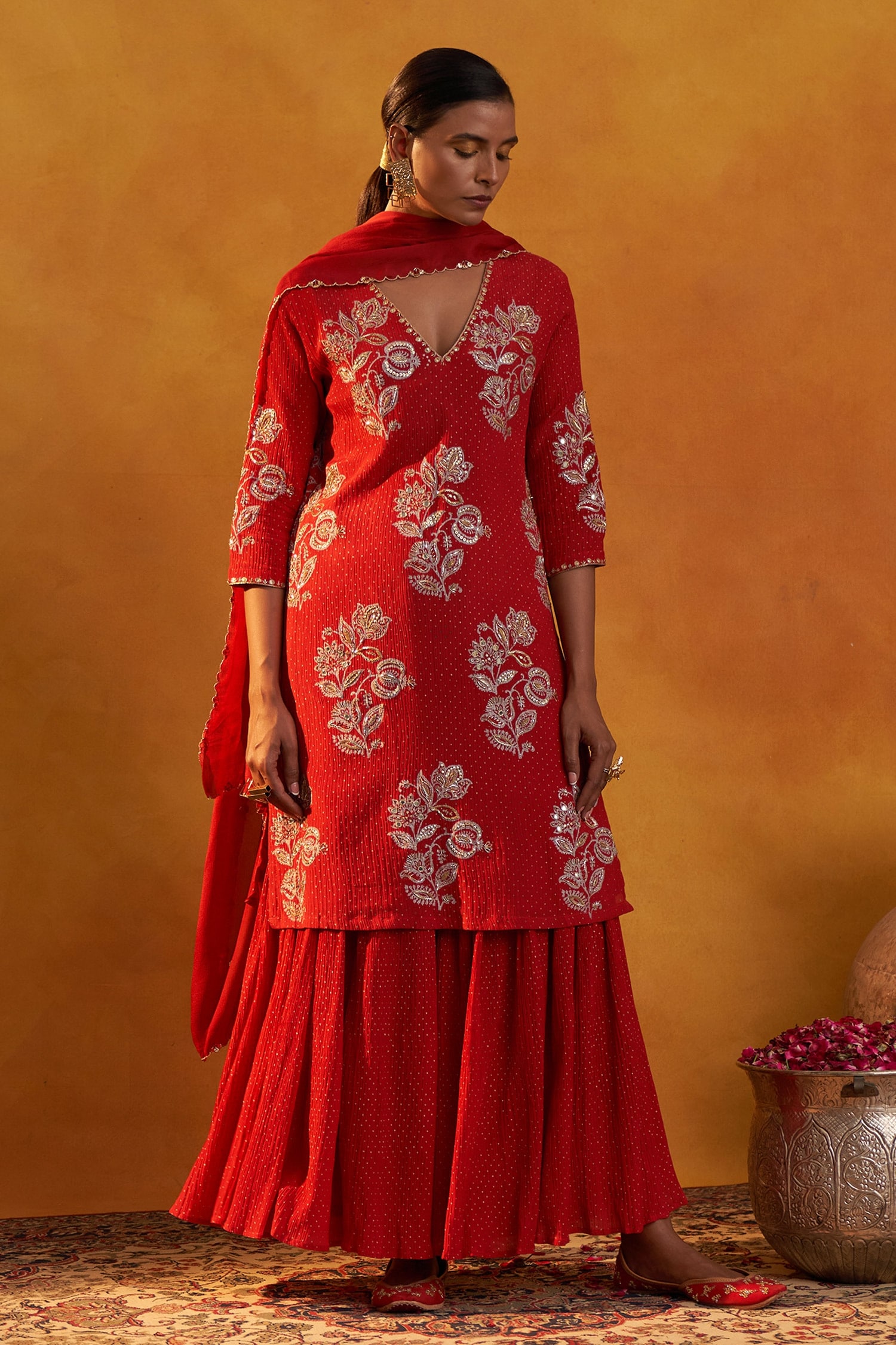 Buy Rekha Agra Red Crinkled Cotton Silk Hand Block Print Kurta Gharara