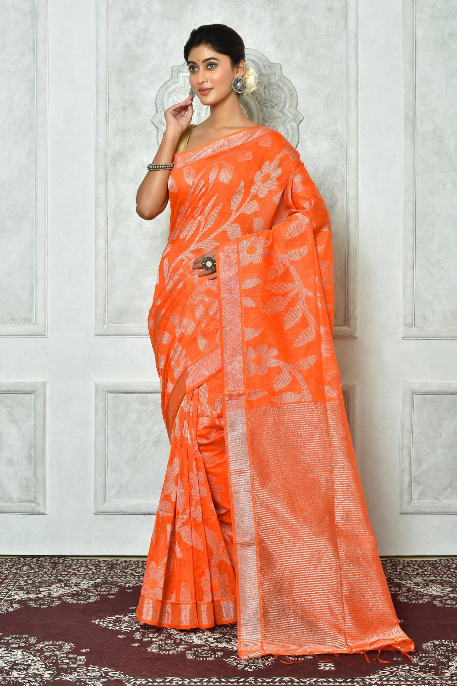 Buy Fab Solid/Plain, Self Design Jamdani Cotton Silk Orange Sarees Online @  Best Price In India | Flipkart.com