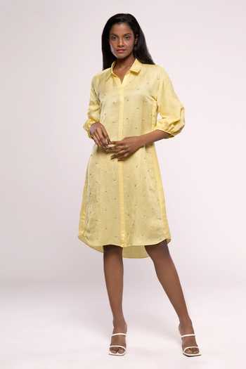 Buy Yellow Satin Linen Embroidered Collared Neck Shirt Dress For Women