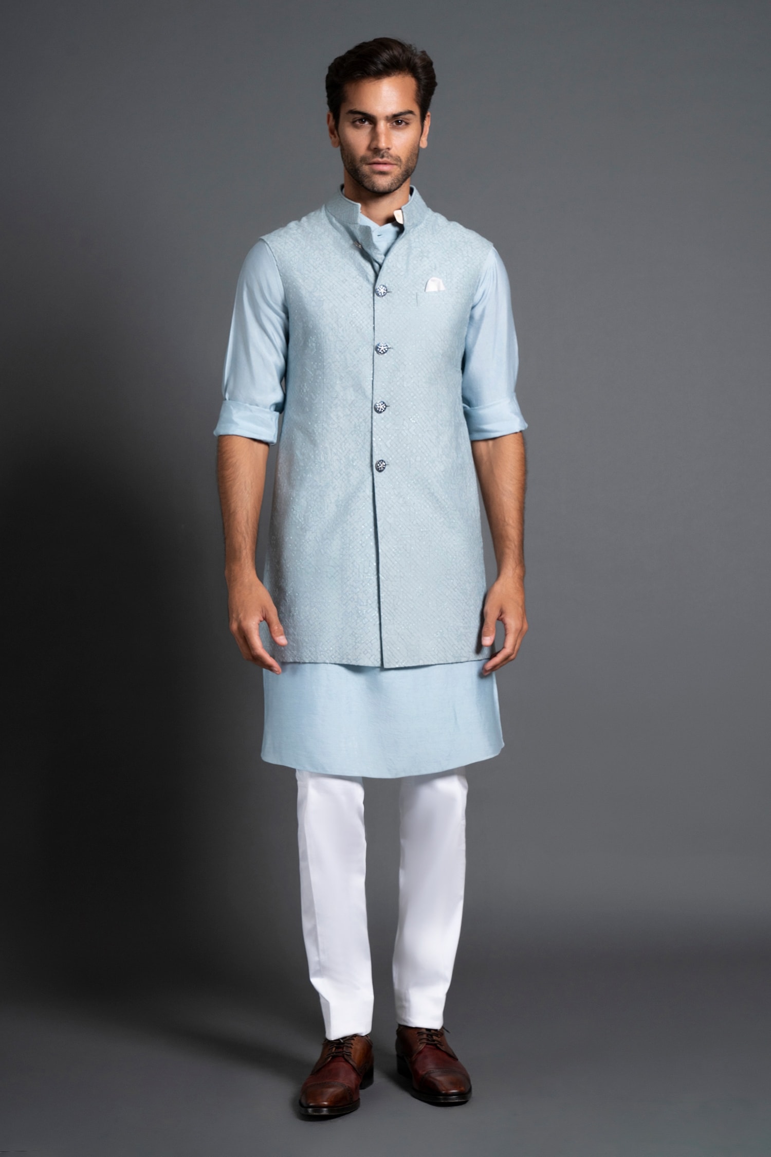 Raghavendra Rathore Jodhpur Blue Silk Embroidered Geometric Patchwork Waistcoat For Men
