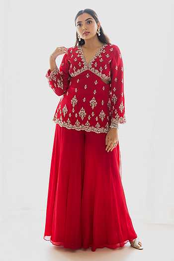 Stunning Red Embroidered Georgette Kurta set With Sharara & Dupatta