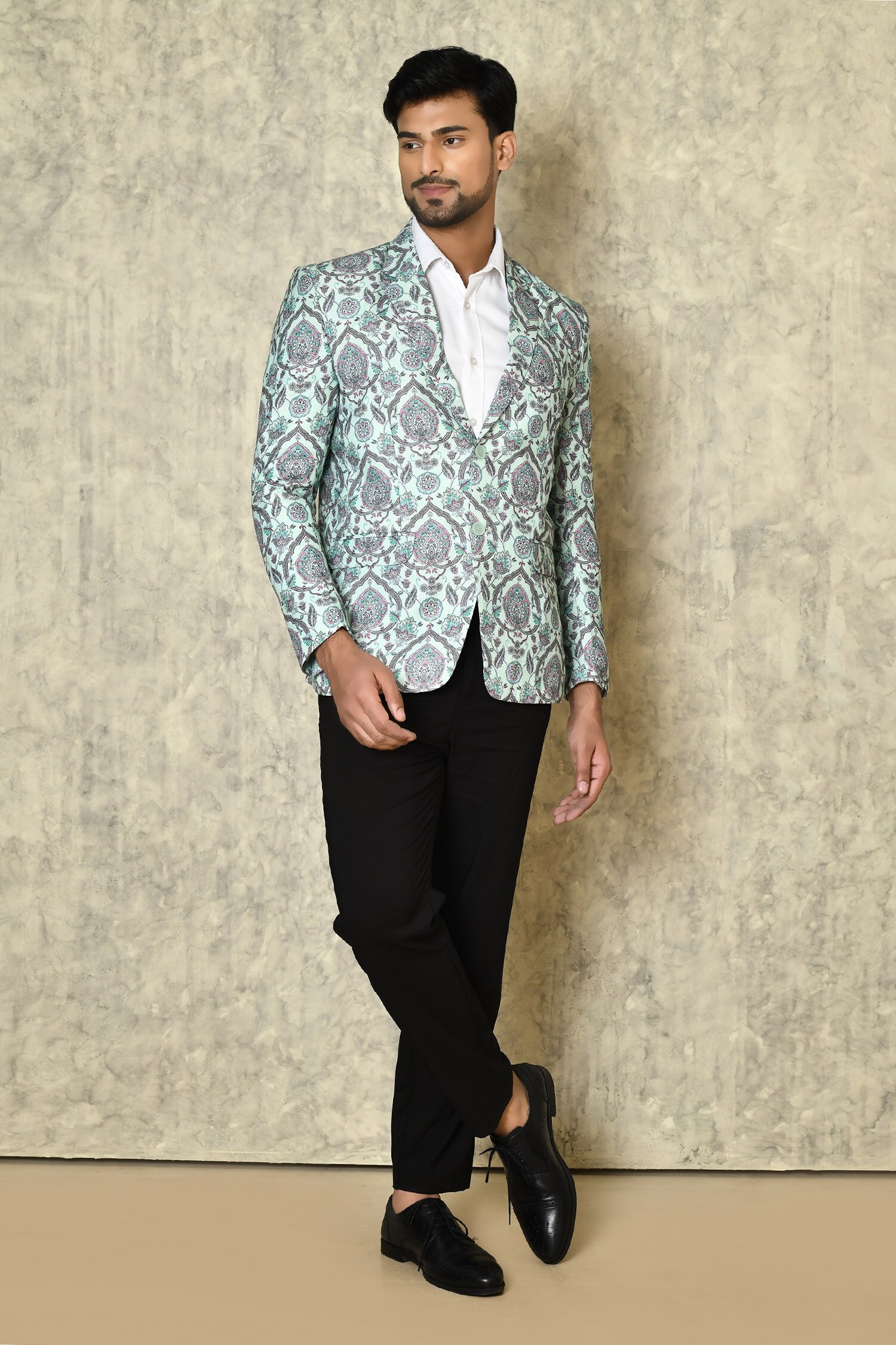 Naintara Bajaj Blue Cotton Linen Printed Botanical Blazer For Men