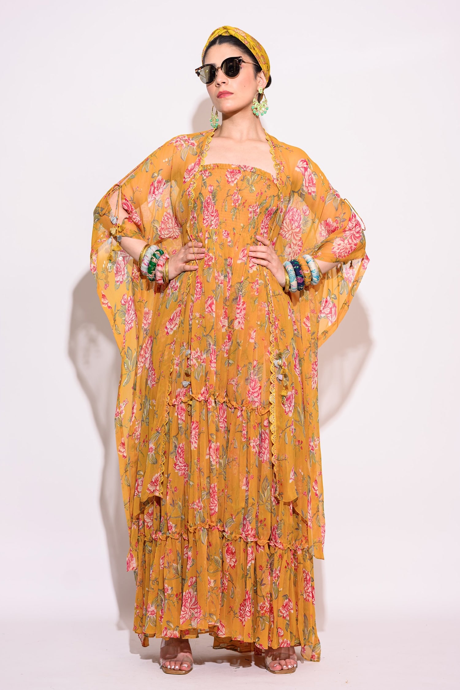 Buy Yellow Chiffon Printed Floral Jumpsuit Square With Shrug For Women by Aangan by Parul Online
