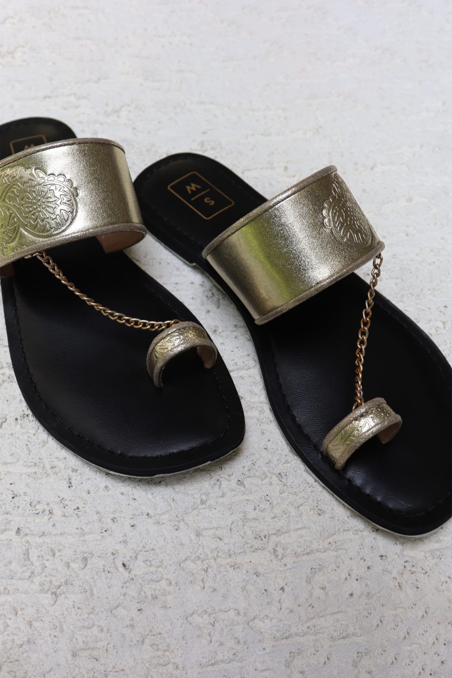 Sandalwali Black Leather Shagufa Metallic Sandals