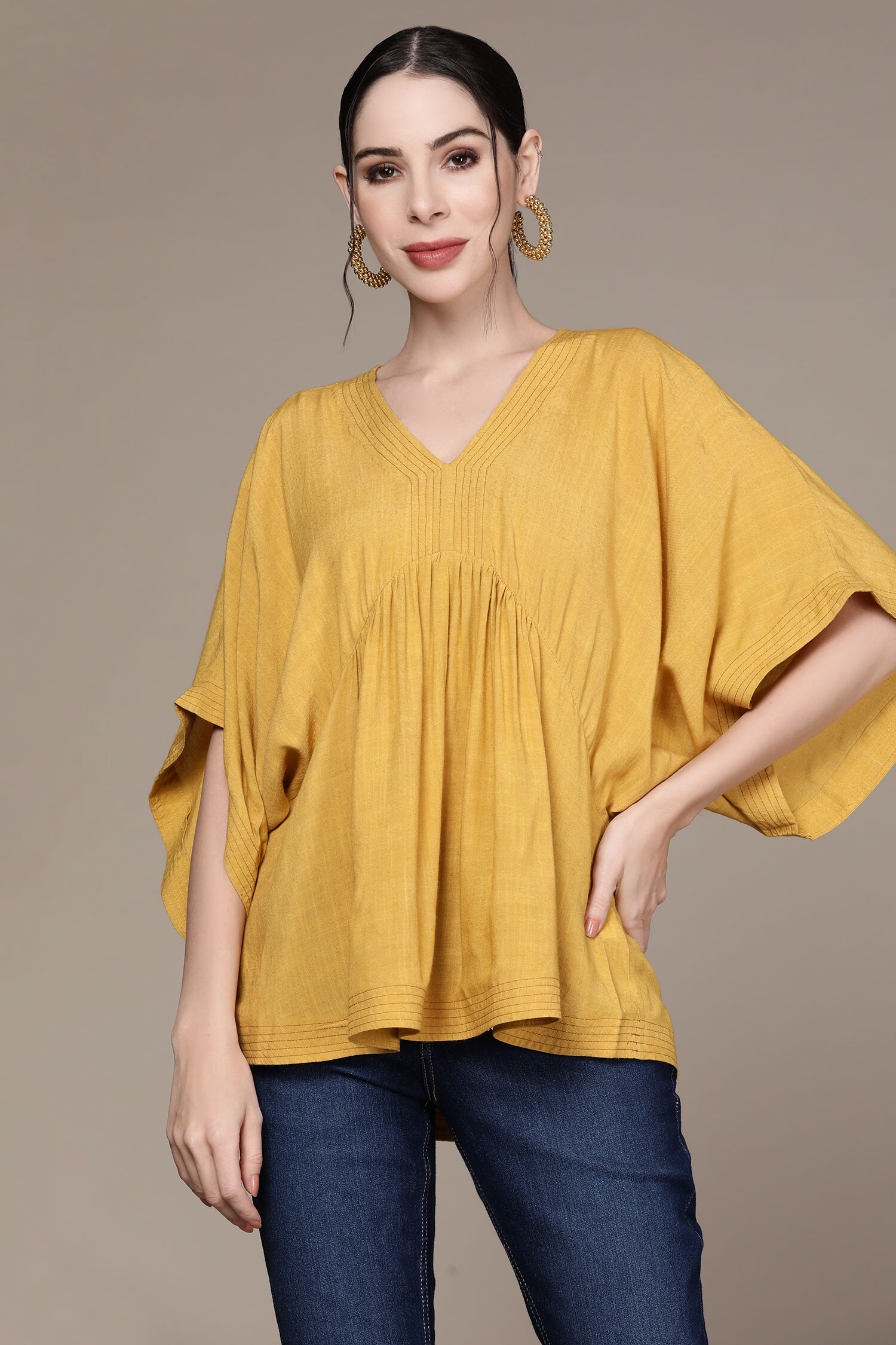 Buy Aarke Ritu Kumar Yellow Viscose And Rayon Gathered Kimono Top ...