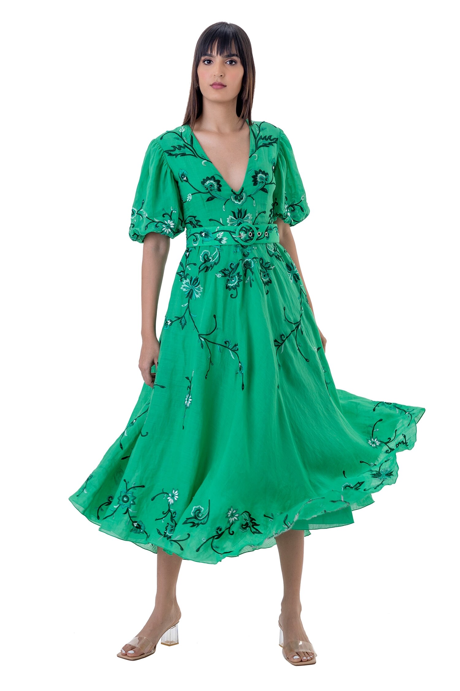 Buy Gaya Green Linen Floral Embroidered Midi Dress Online Aza Fashions