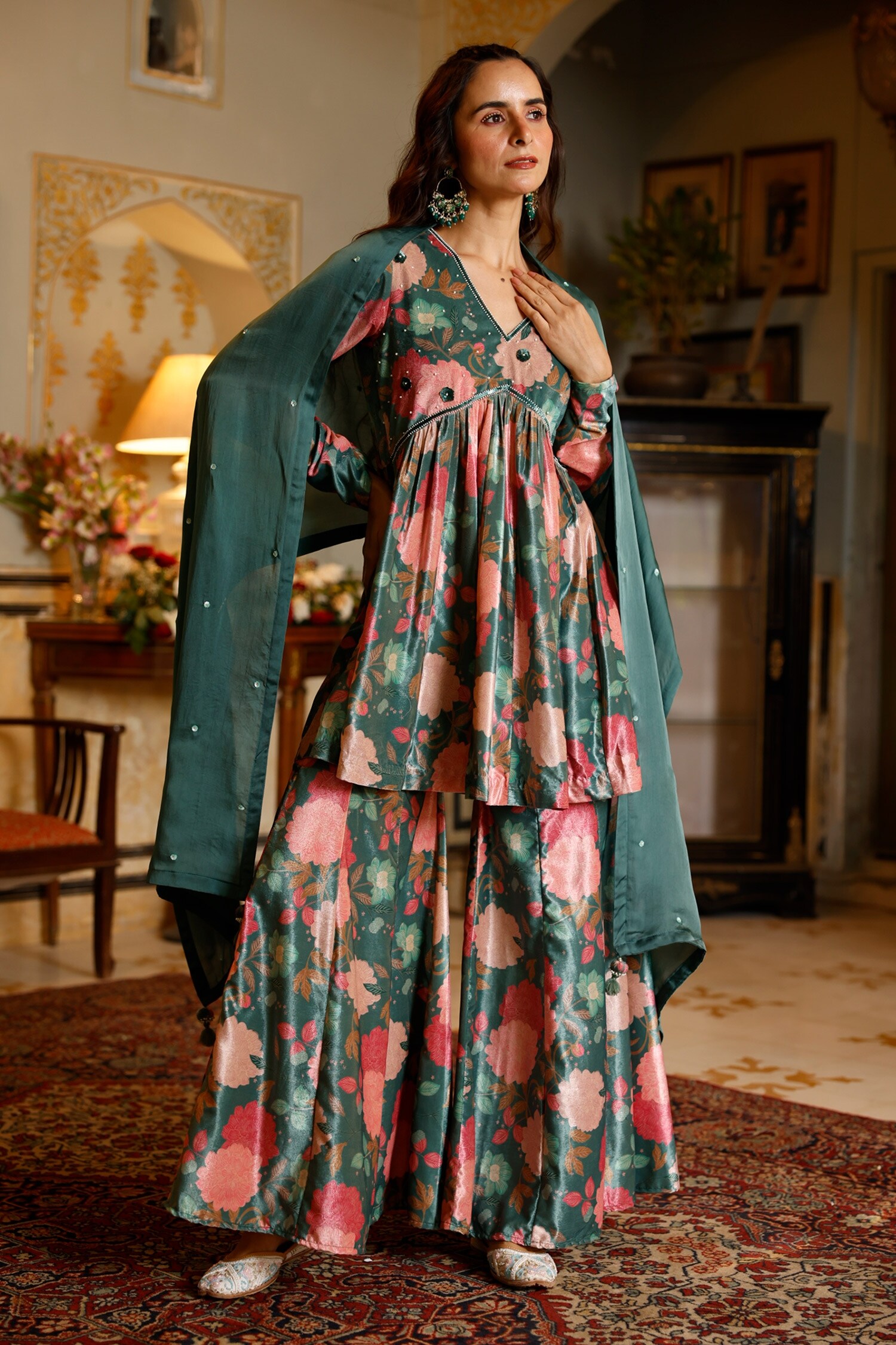Buy Green Velvet Print Flower Bloom V Floral Short Anarkali Gharara Set ...