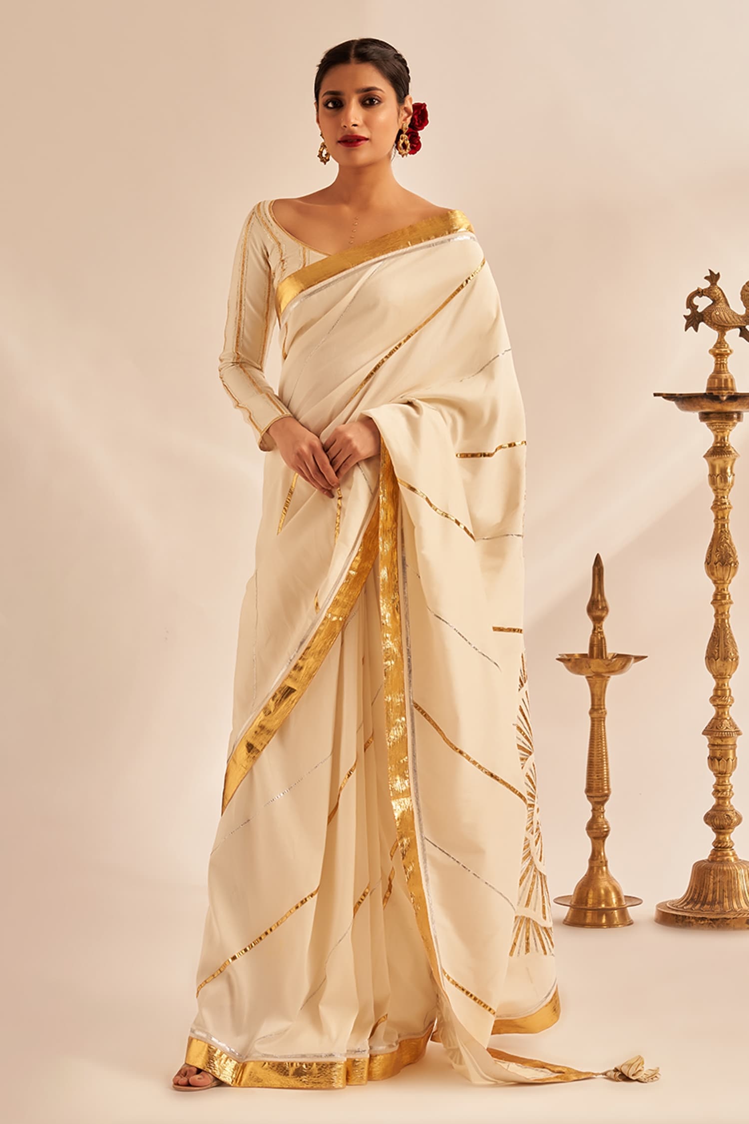 Gulabo by Abu Sandeep Off White 100% Pure Chanderi Silk Embellished Gota Work Saree For Women
