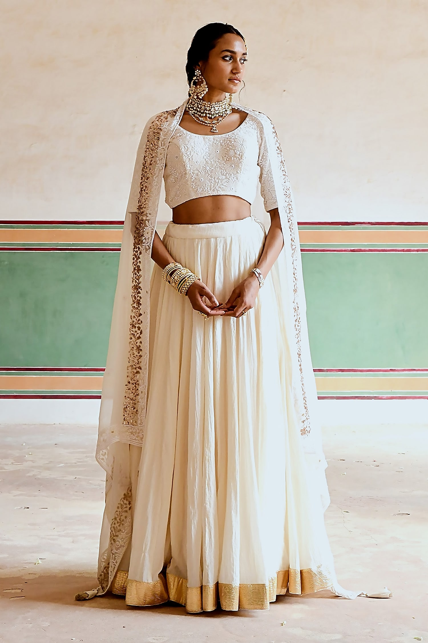 Buy Cream Blouse And Dupatta Embroidery Thread Round Lehenga Set For Women by KARAJ