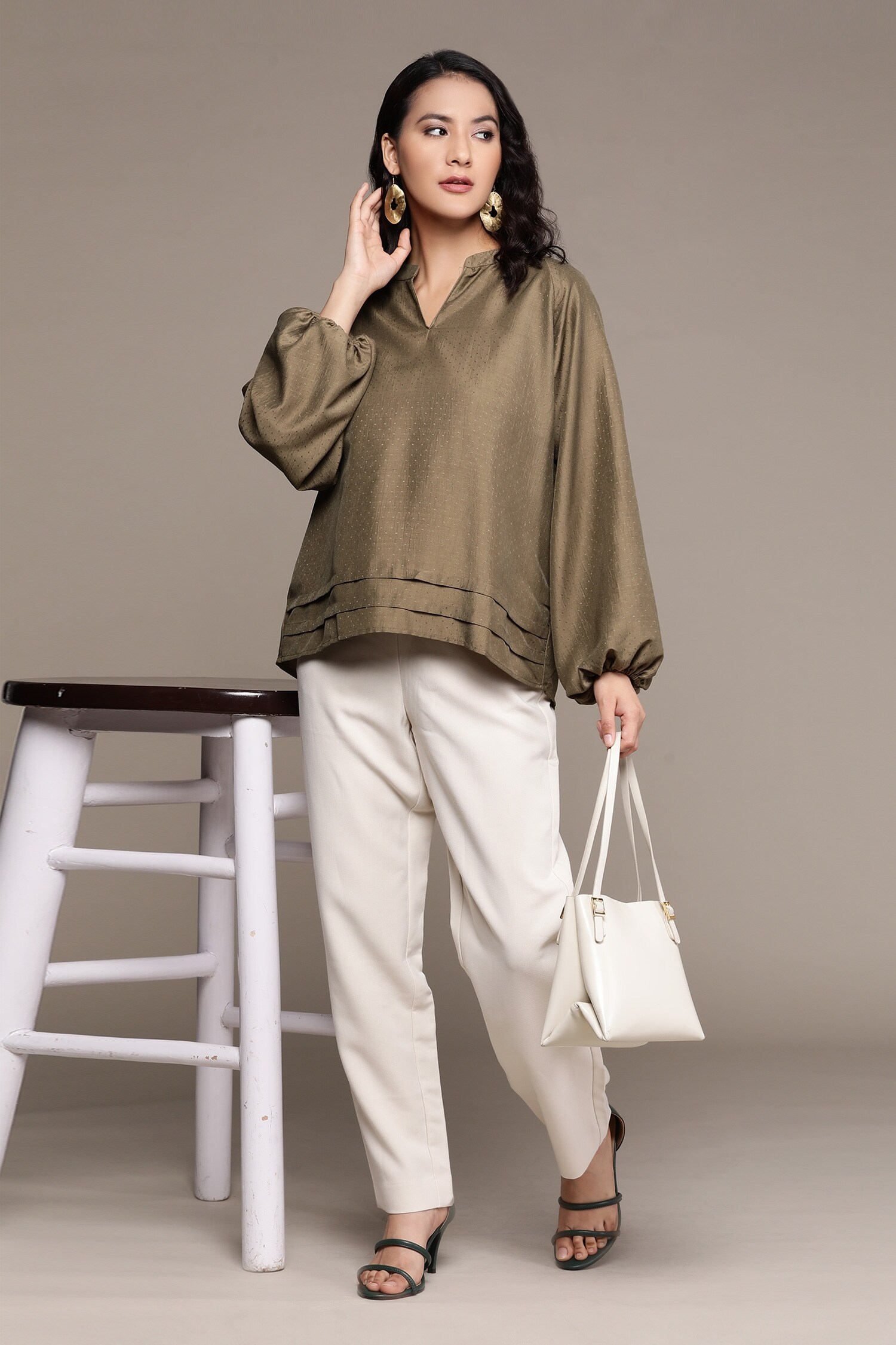 Aarke Ritu Kumar Green Viscose And Cotton Mandarin Collar Puff Sleeve Top For Women