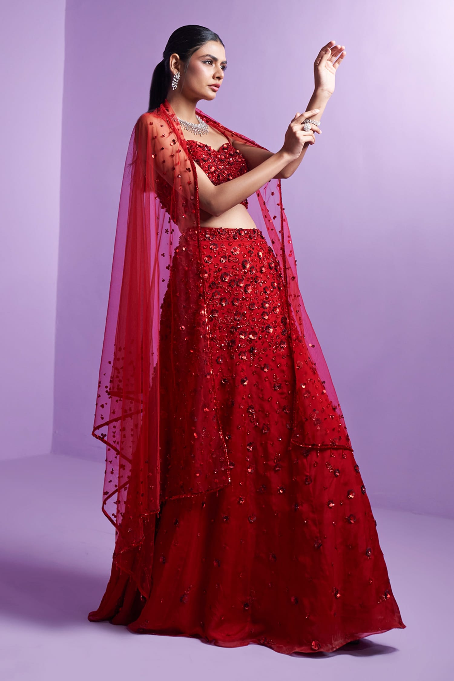PARUL GANDHI Red Embroidered Jewel Silk Organza Vivid Embellished Mermaid Lehenga For Women