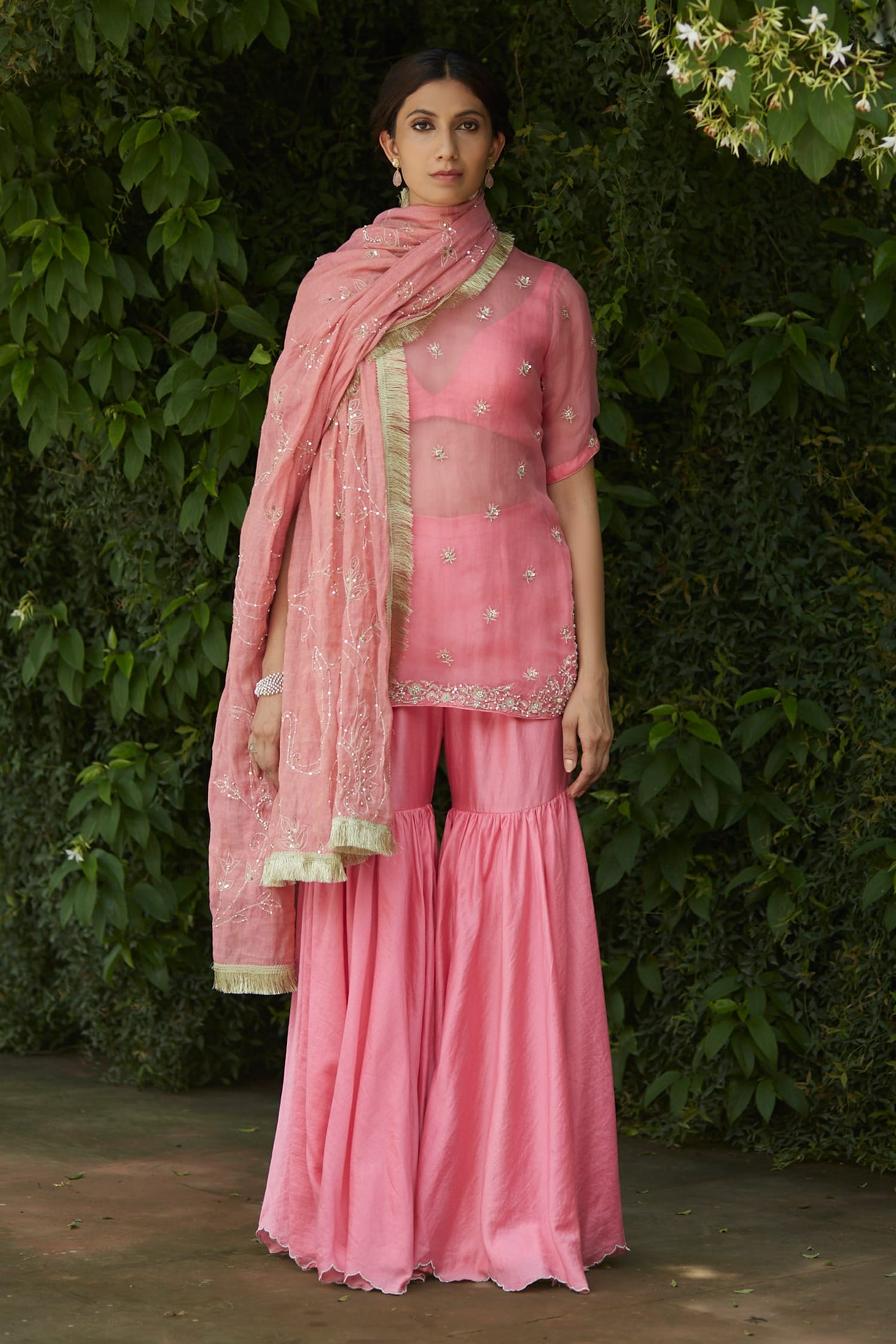 Buy Pink Handloom Chanderi Embroidered Floral Round Kurta Gharara Set ...