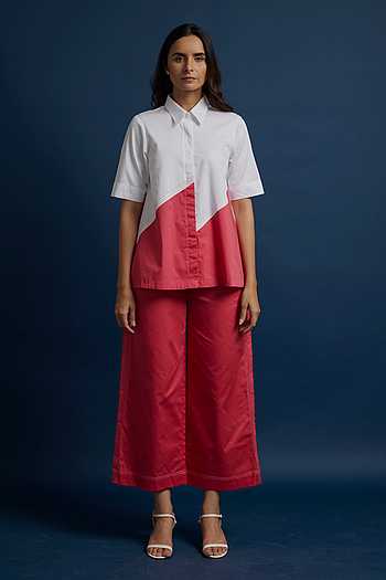 Buy Escape By Aishwarya Pink Cotton Satin Diagonal Color Block Top ...