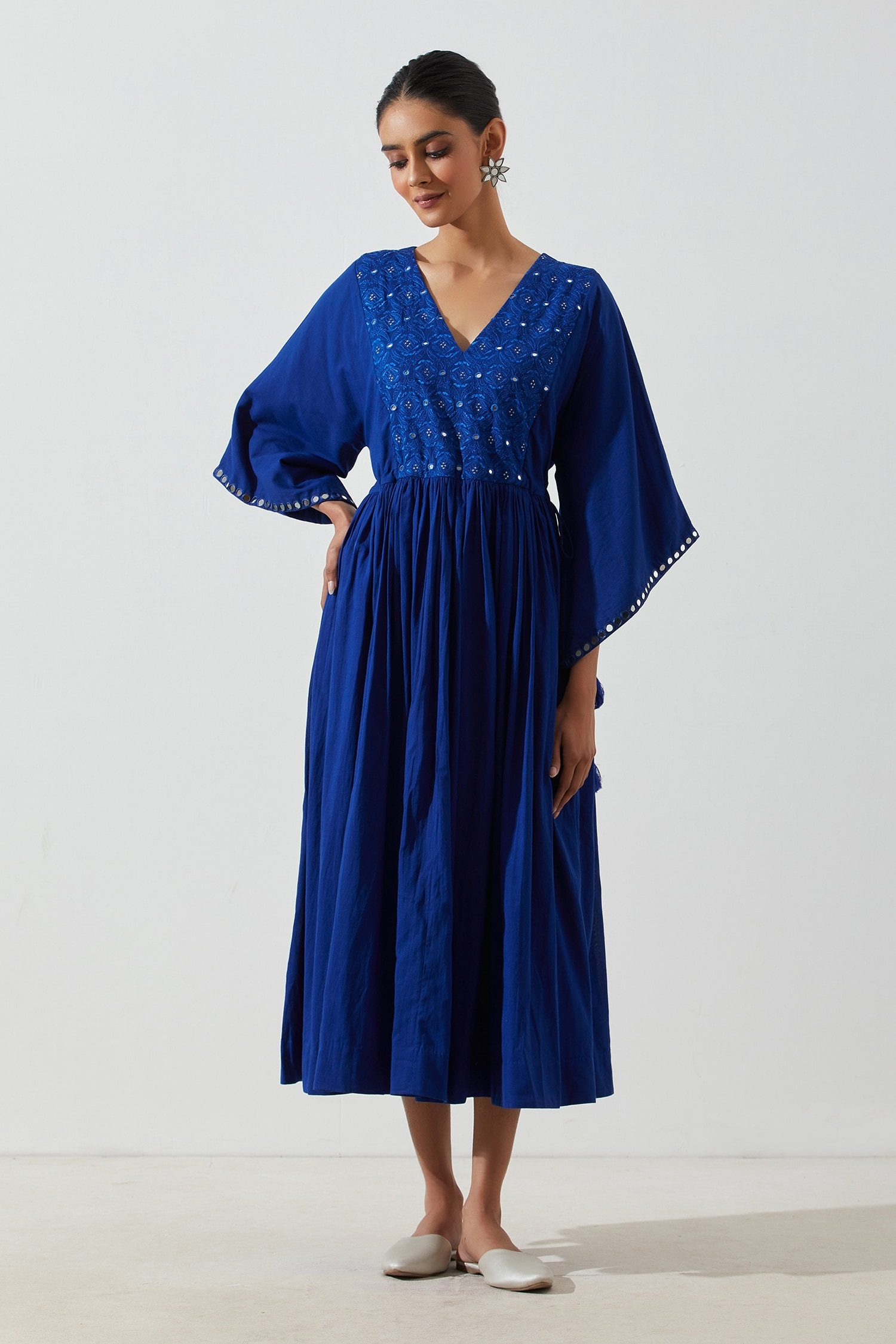 Label Earthen Blue Cotton Mul Embroidered Yoke Dress