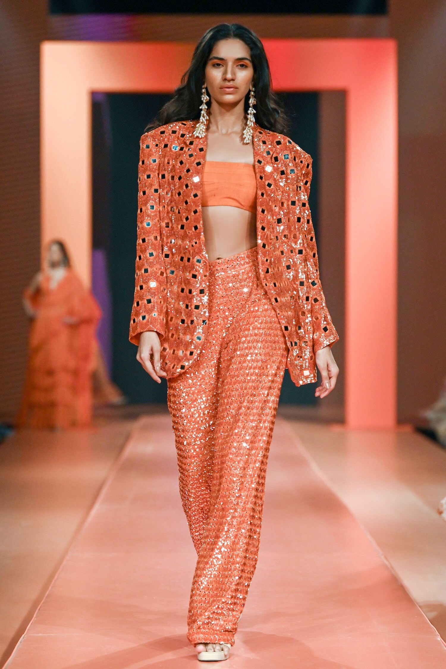 Buy Orange Double Hand Embroidered Sequins Jacket Pant Set