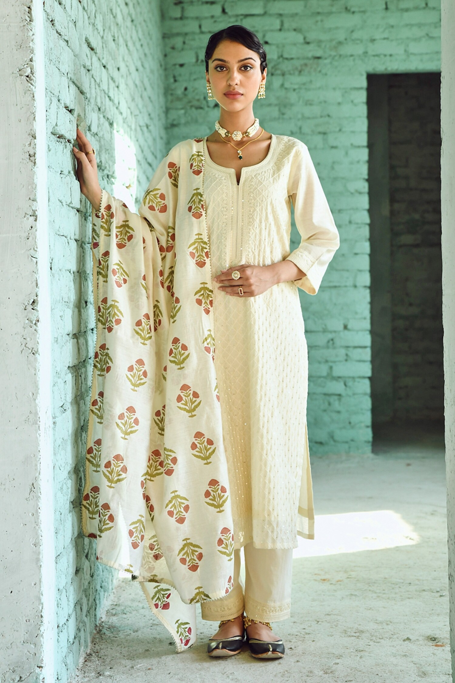 Buy Cream Kurta And Dupatta- Chanderi Embroidered Set With Block Print ...