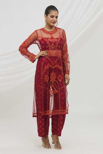 Makhmal Birch Wine Kurta With Makhmal Birch Wine Pyajama