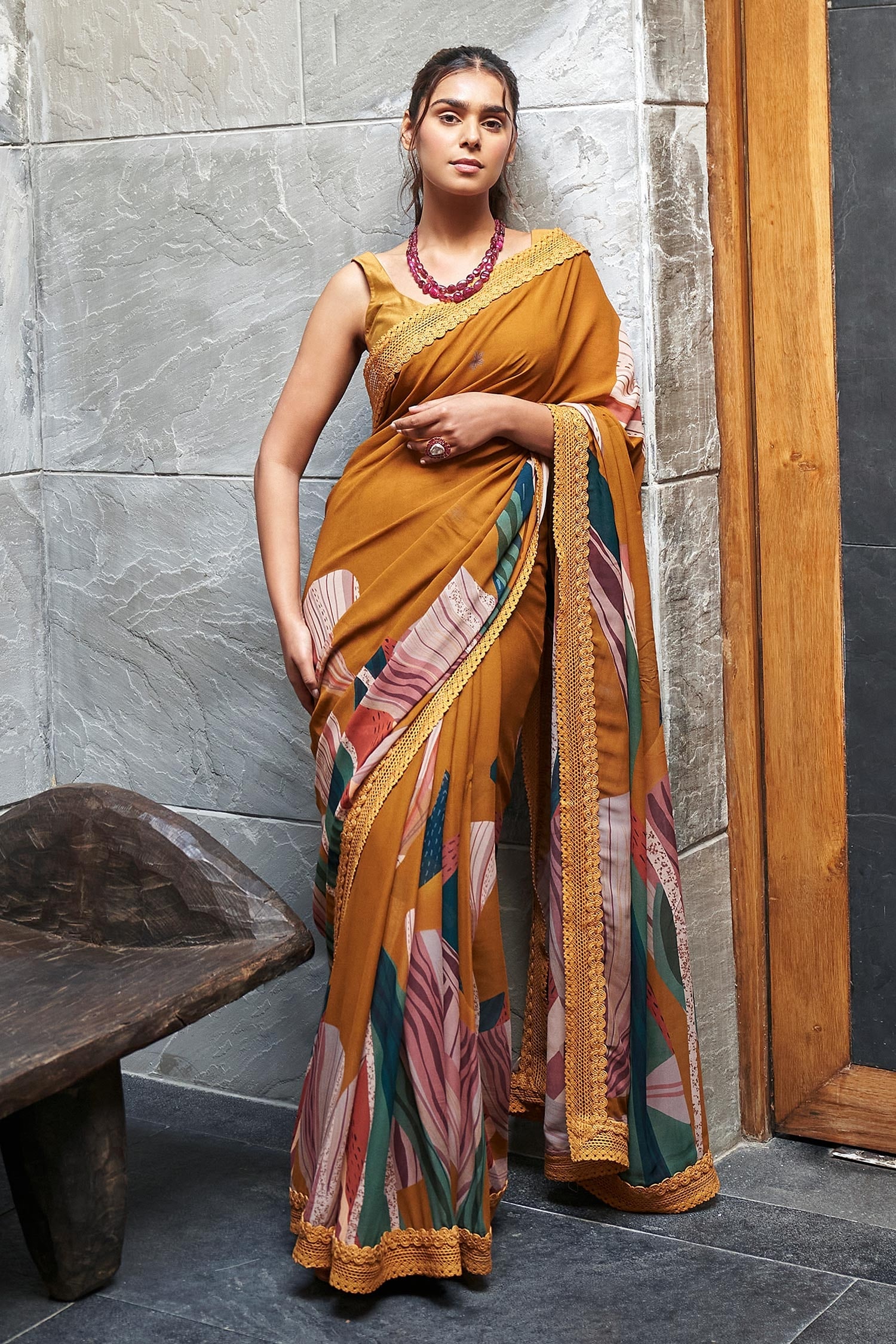 Buy Yellow Saree Georgette Printed Abstract Garden For Women by Varun ...
