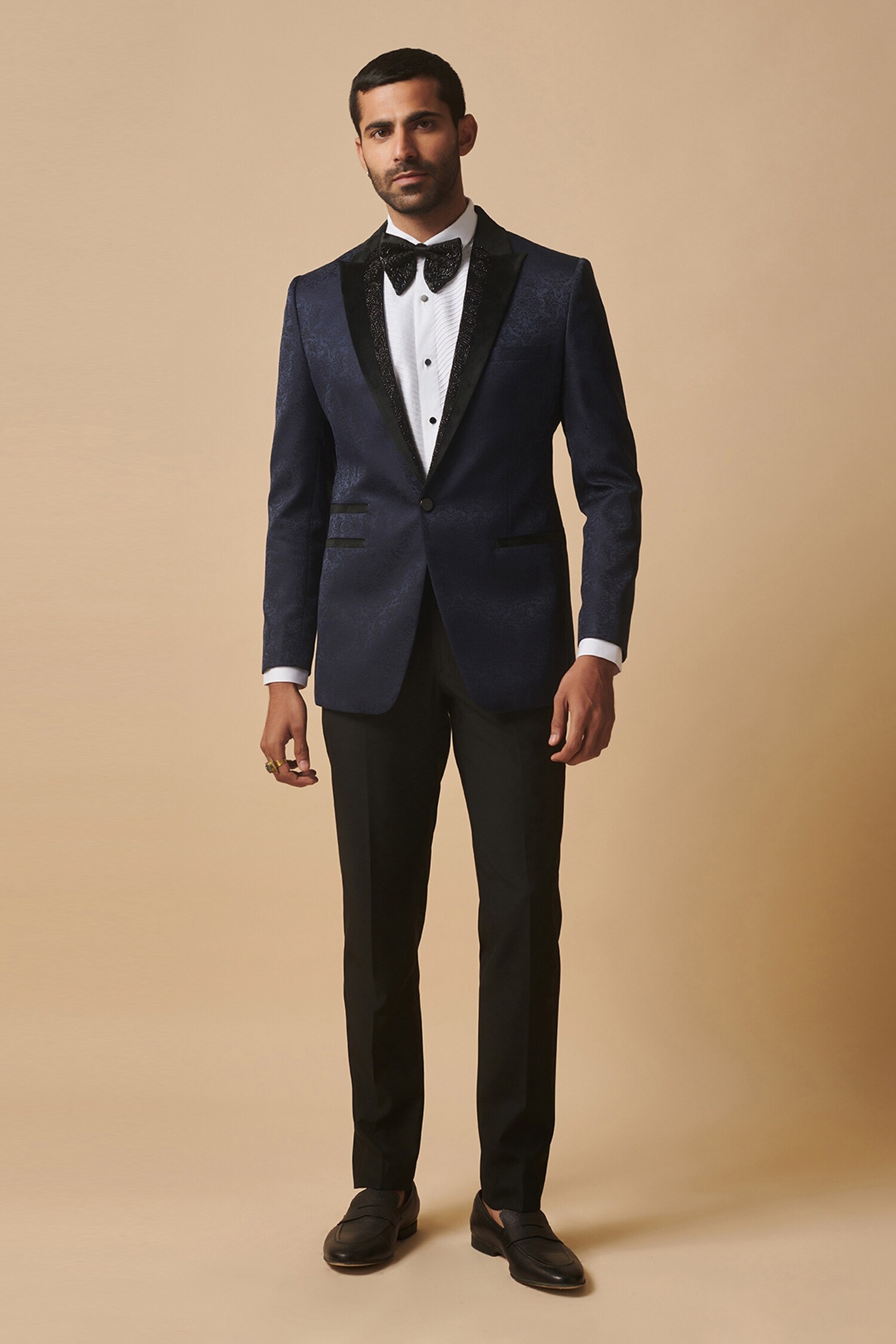 Buy Blue Wool Silk Blend Floral Calb Embellished Lapel Tuxedo For Men by Philocaly Online at Aza ...