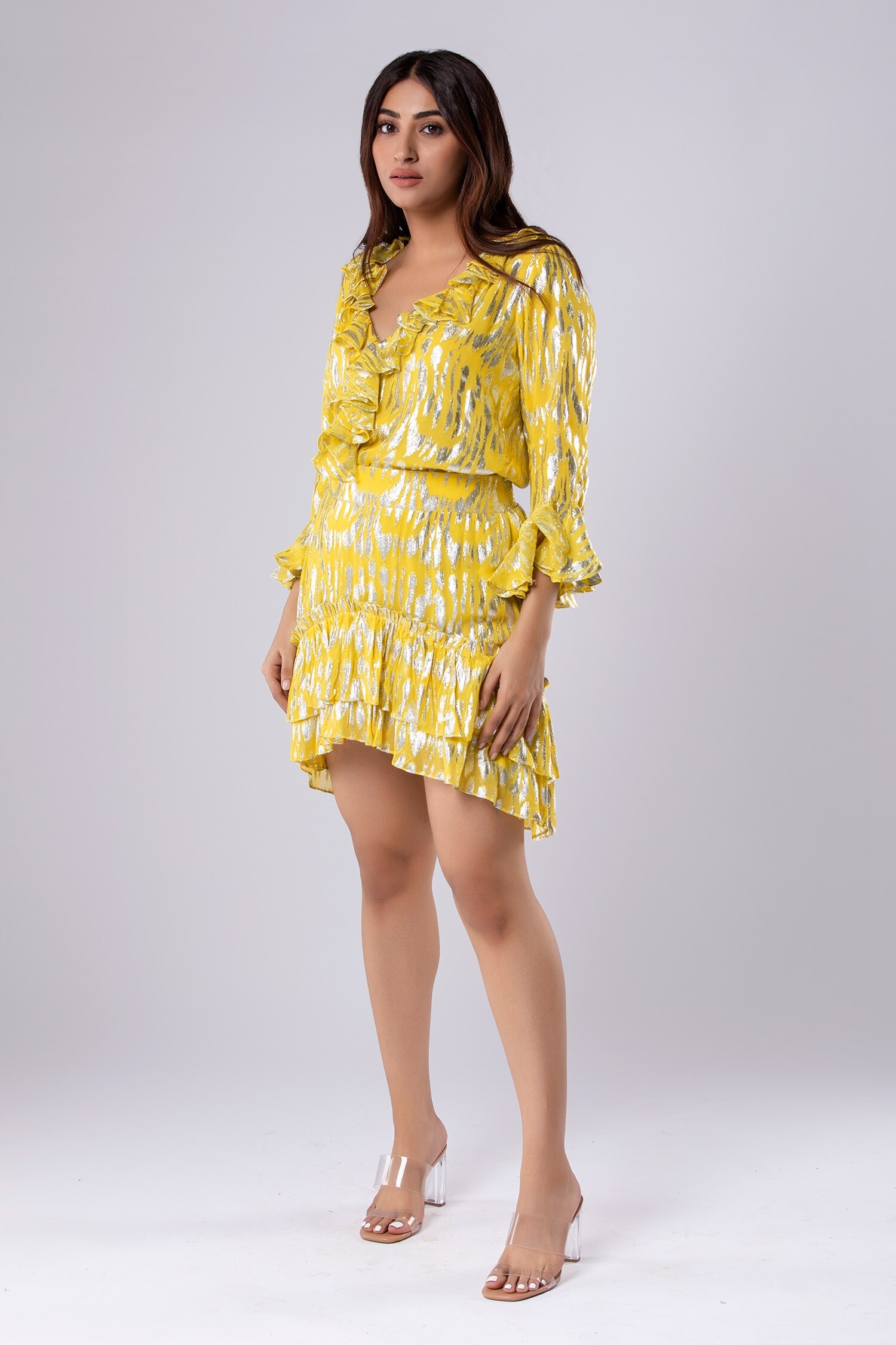 Buy Yellow Viscose Woven Abstract V Neck Metallic Ruffled Top For Women ...