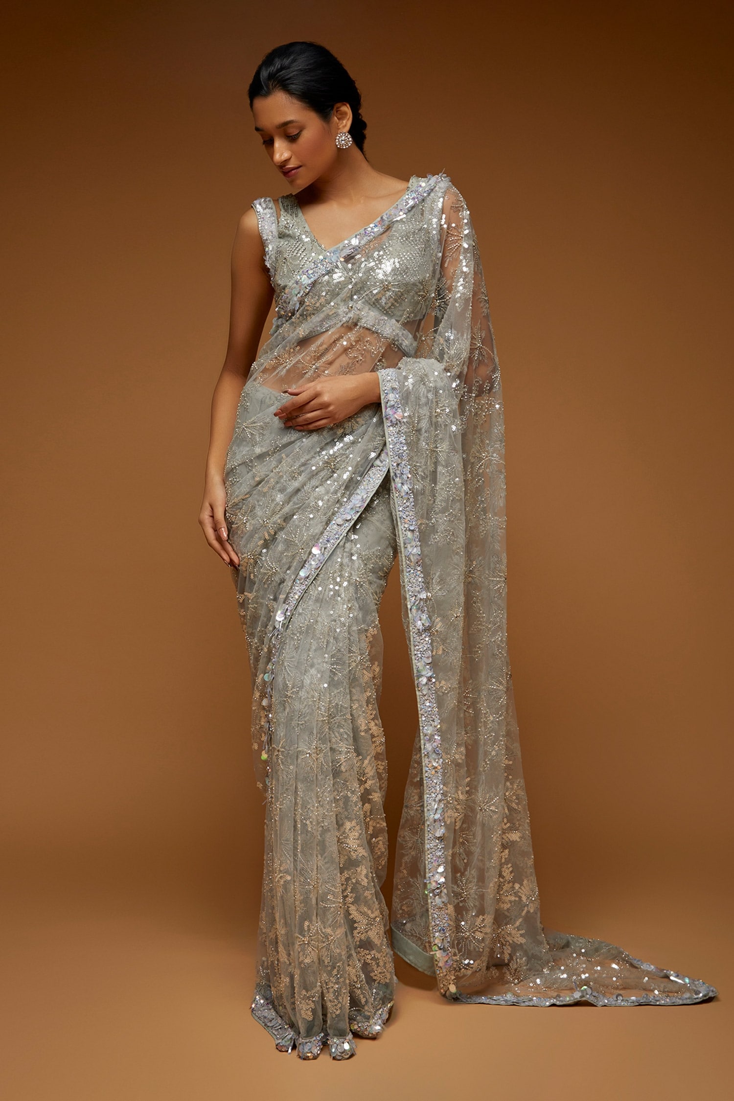 Neeta Lulla Grey Tulle Embroidery Crystals V Neck Vesper Sheer Saree With Blouse For Women