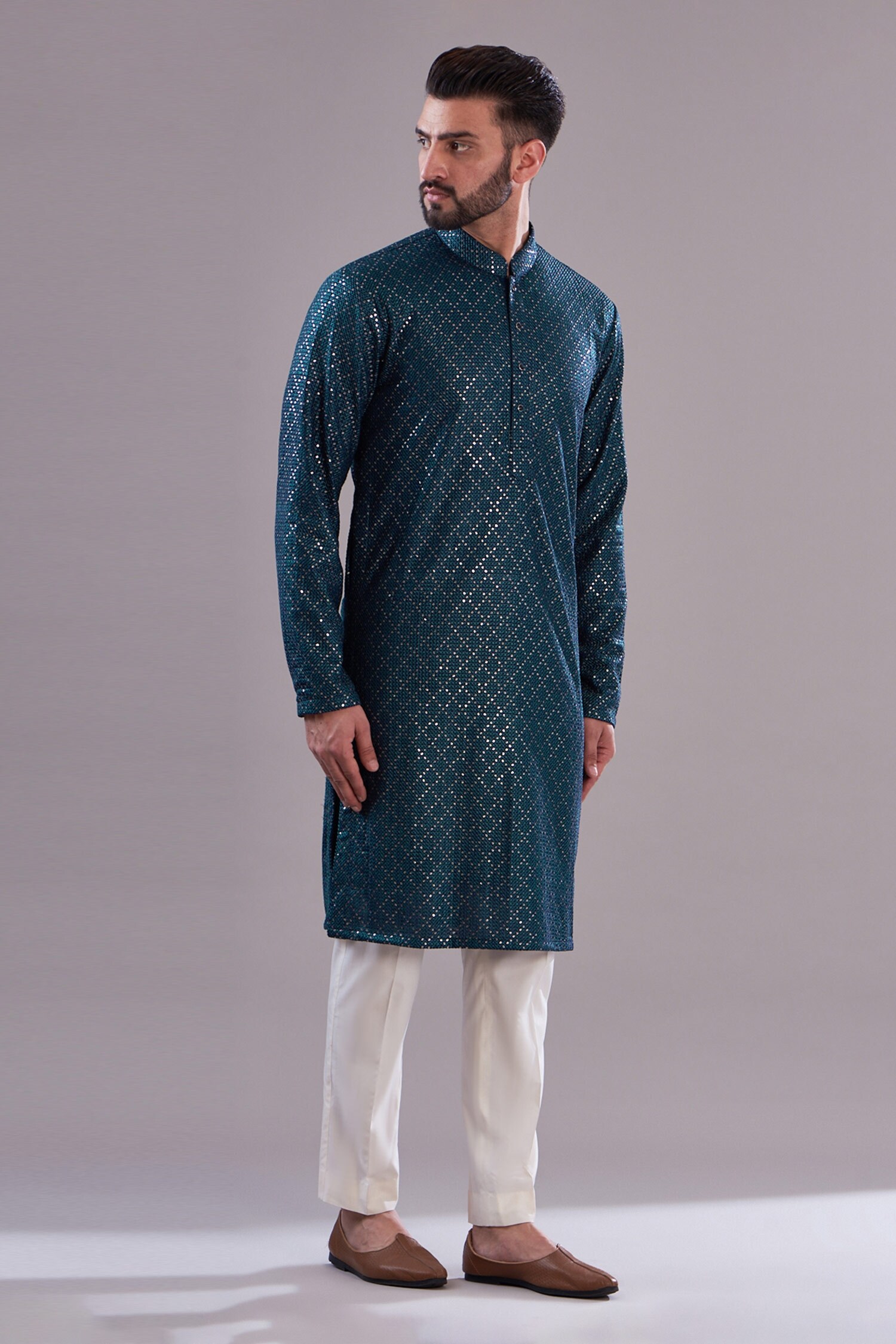 Buy Blue Georgette Embroidered Sequins Intricate Kurta For Men by ...