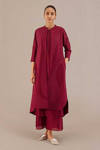 Buy Wine Chanderi 70 Gm Embroidery Cord Open Jacket And Palazzo Set For ...
