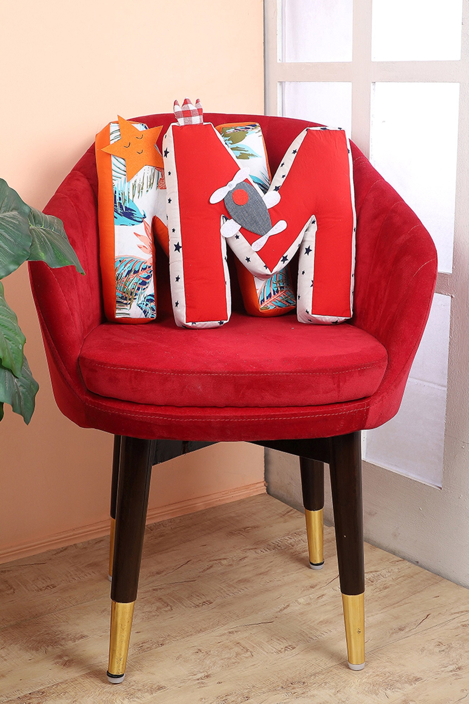 Buy Multi Color Cotton M Alphabet Cushions Set Of 2 by My Gift Booth