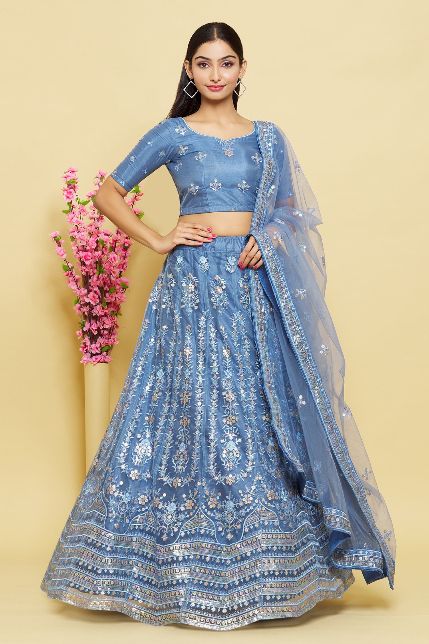 Buy Arihant Rai Sinha Blue Blouse Floral Embroidered Lehenga Set Online ...