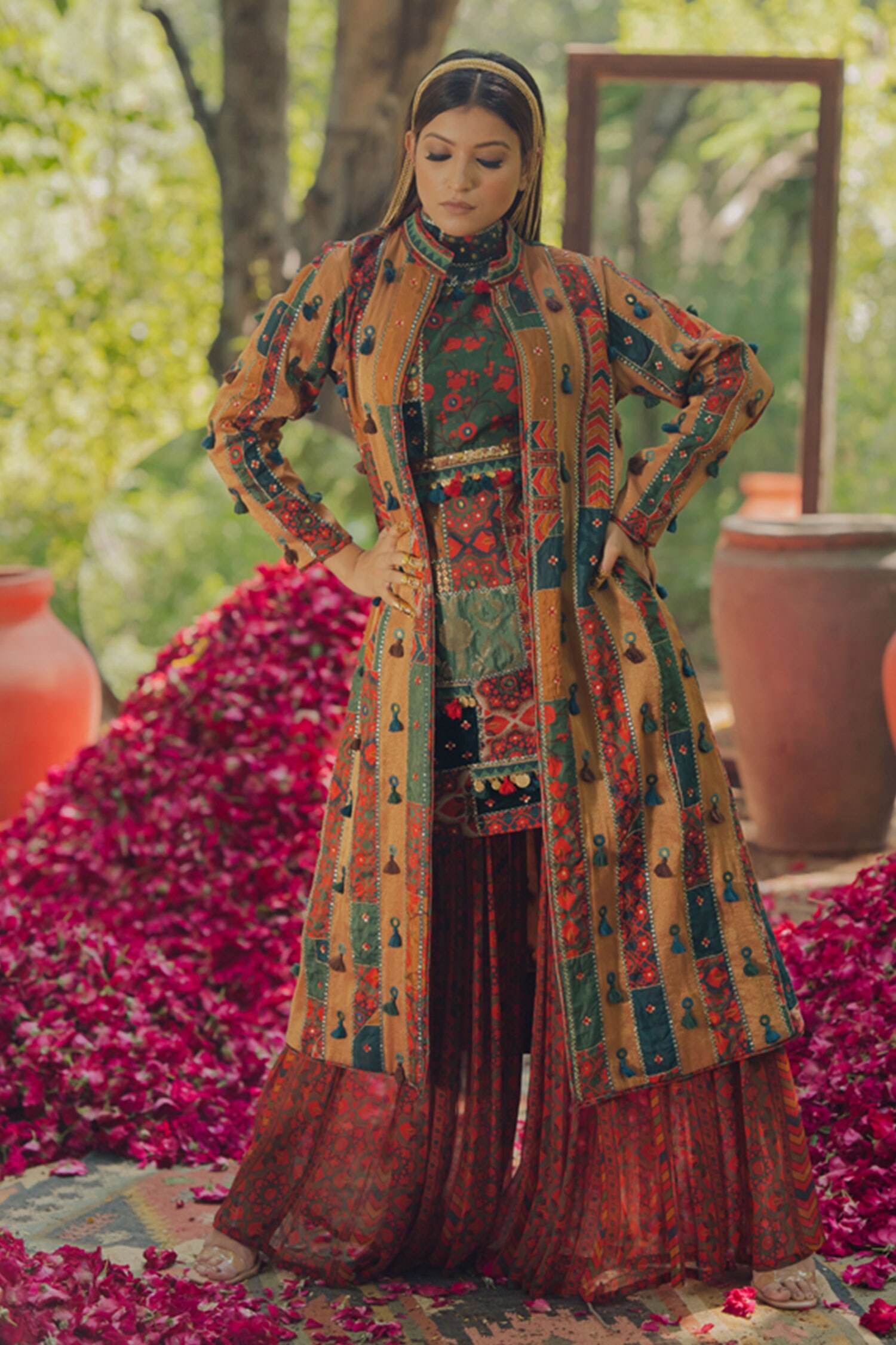 Buy Multi Color Tissue Print Aari Stand Collar Embroidered Jacket For Women by PoojaKeyur