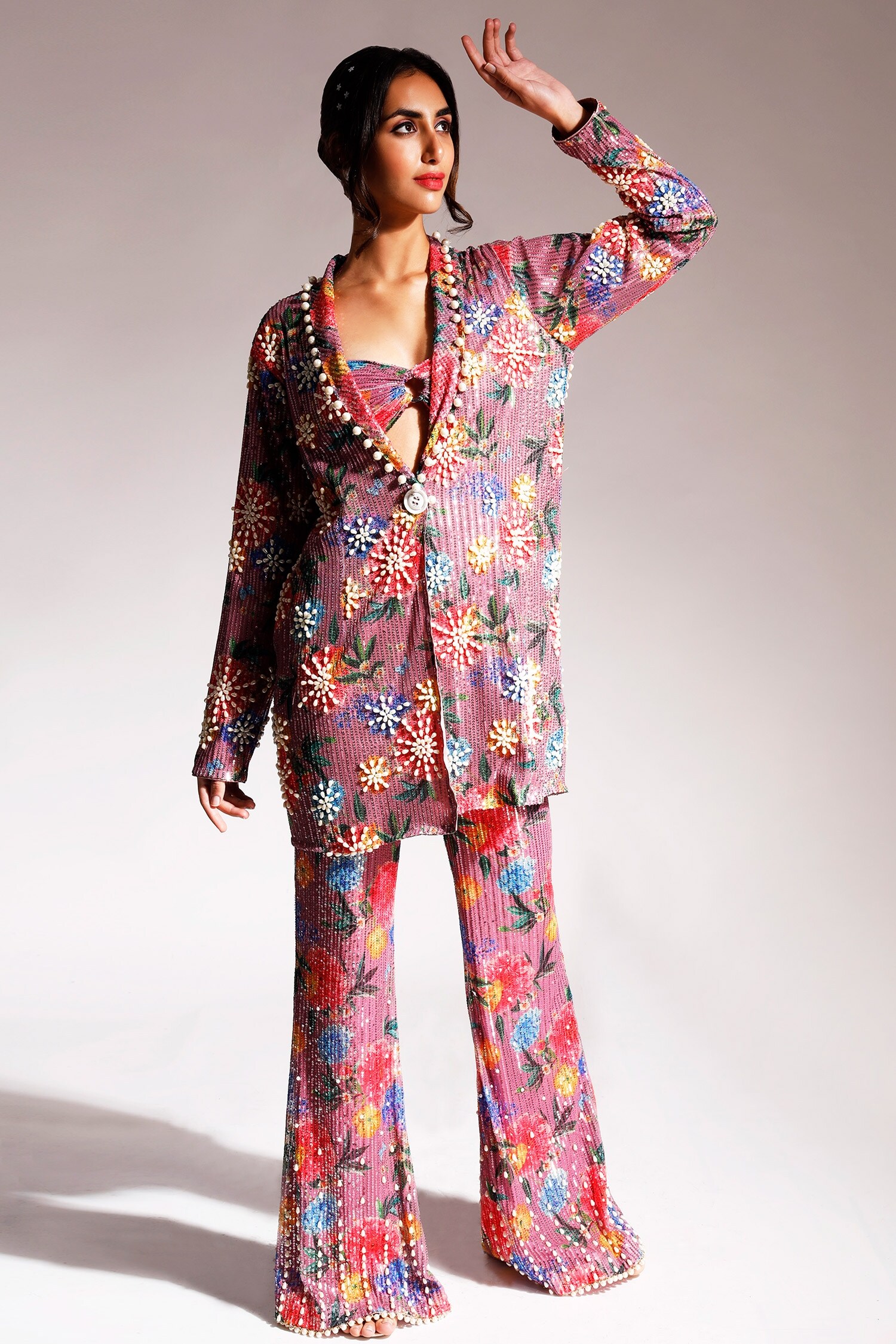 Nitya Bajaj Multi Color Net Floral Print Blazer And Pant Set