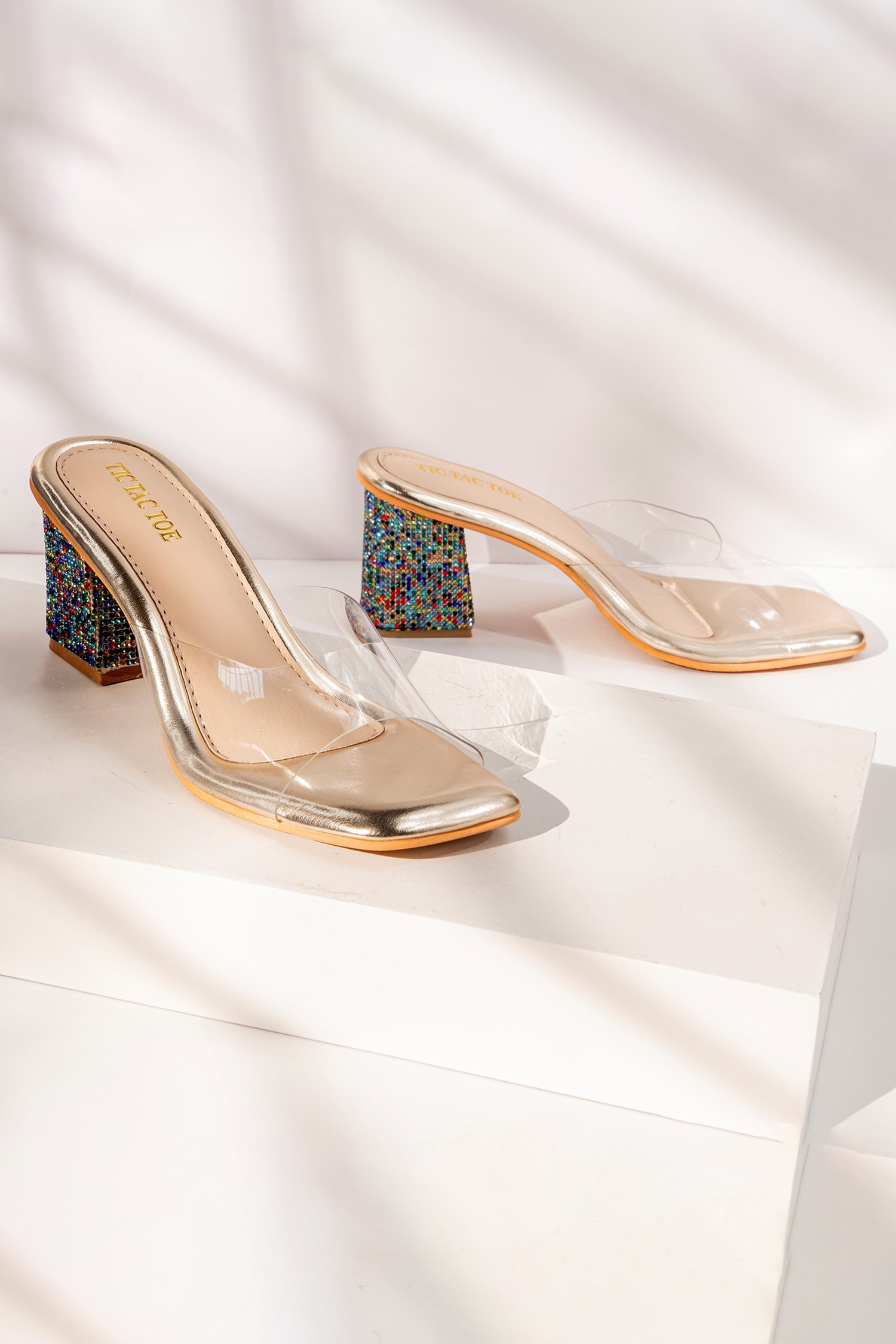 Buy Gold Embellished Stone Block Heels by Tic Tac Toe Footwear Online ...