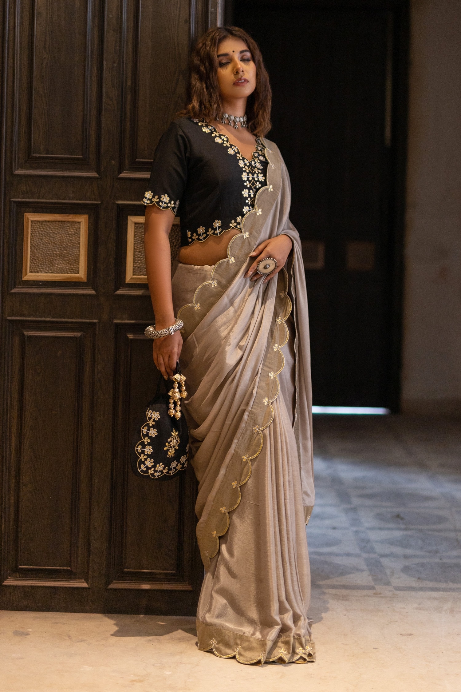 The Home Affair Beige Saree: Chinon Embroidered Gotapatti Border With Gota Blouse For Women