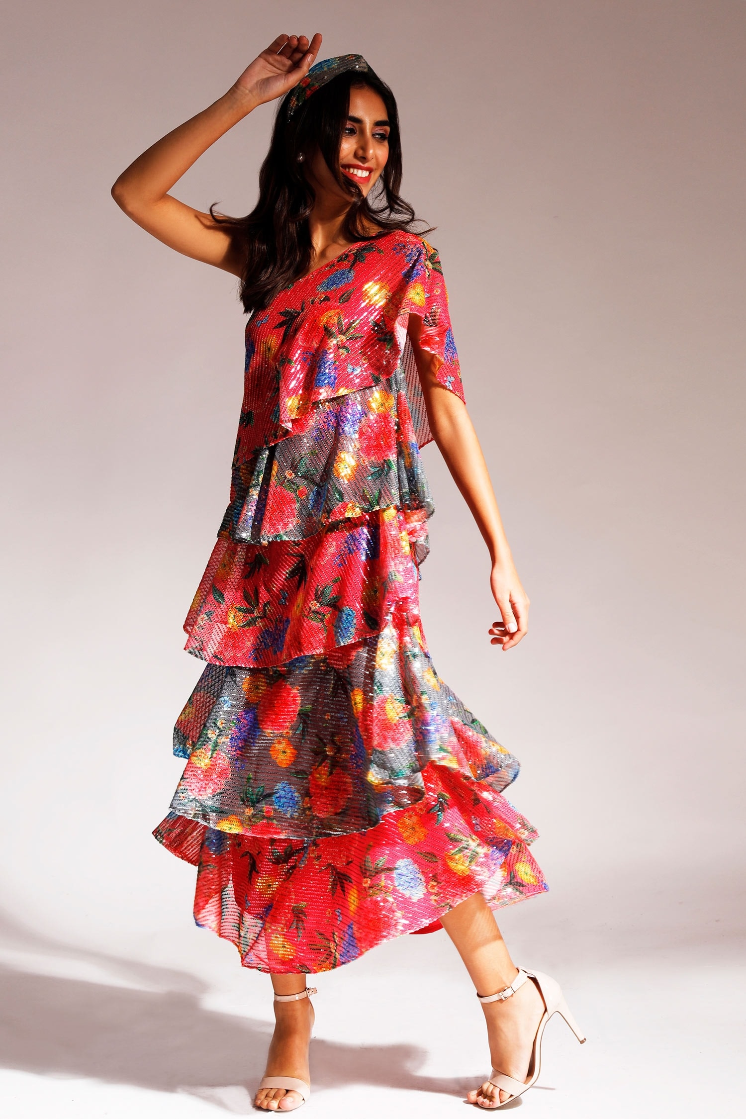Nitya Bajaj Multi Color Net Sequin Embroidered Ruffled Dress