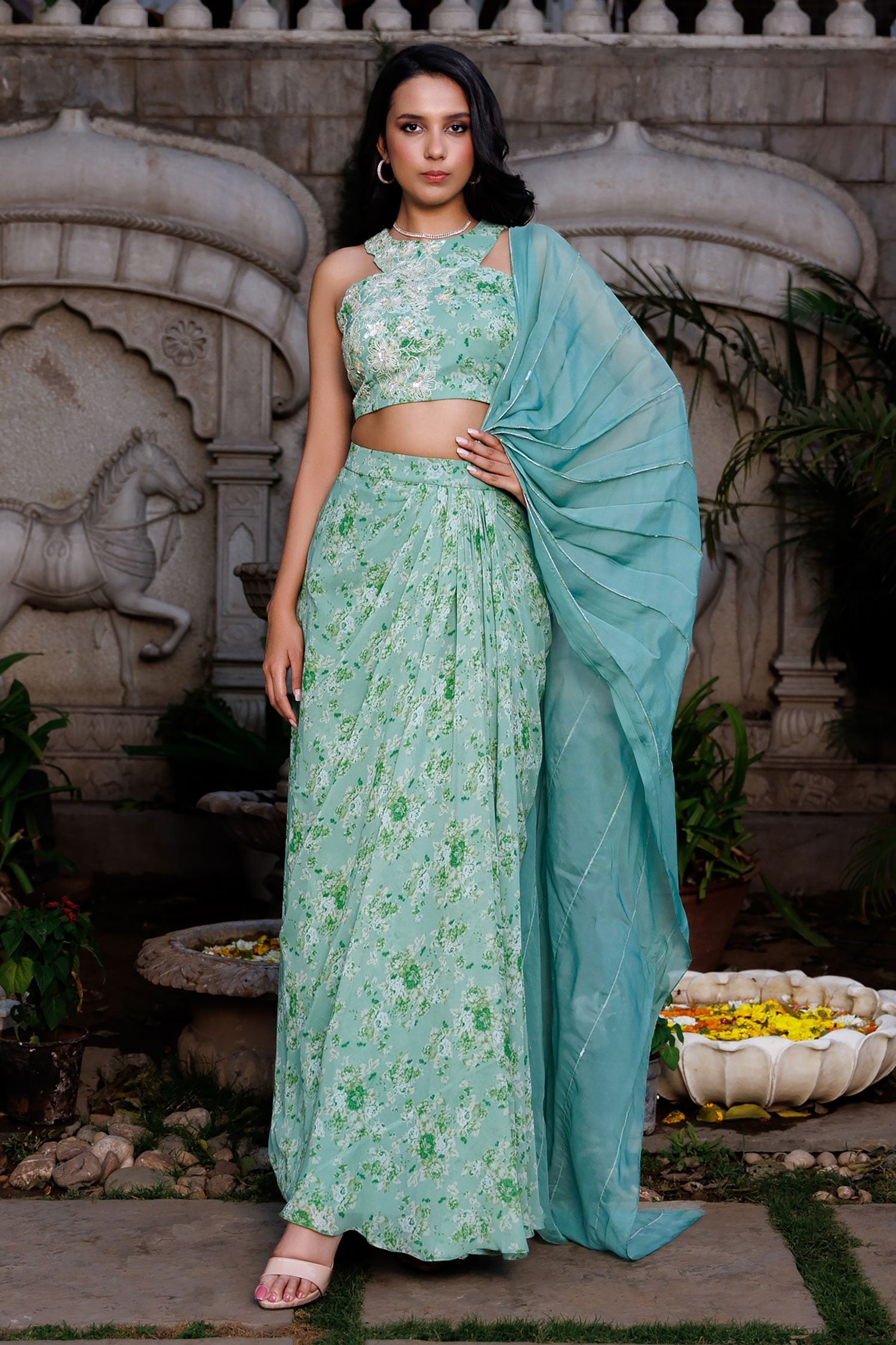 Suruchi Parakh Green Georgette Floral Print Pre-draped Saree And Blouse Set