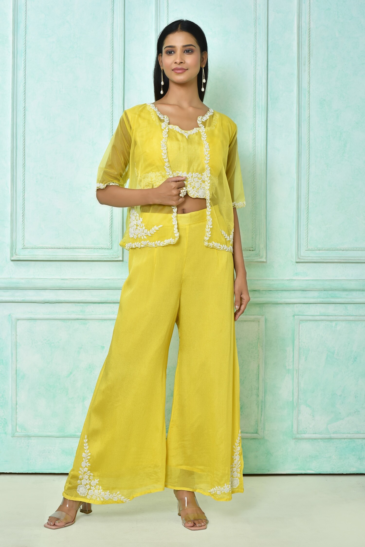 Buy Yellow Crop Top Russian Silk Embroidered Cutdana Jacket Sheer