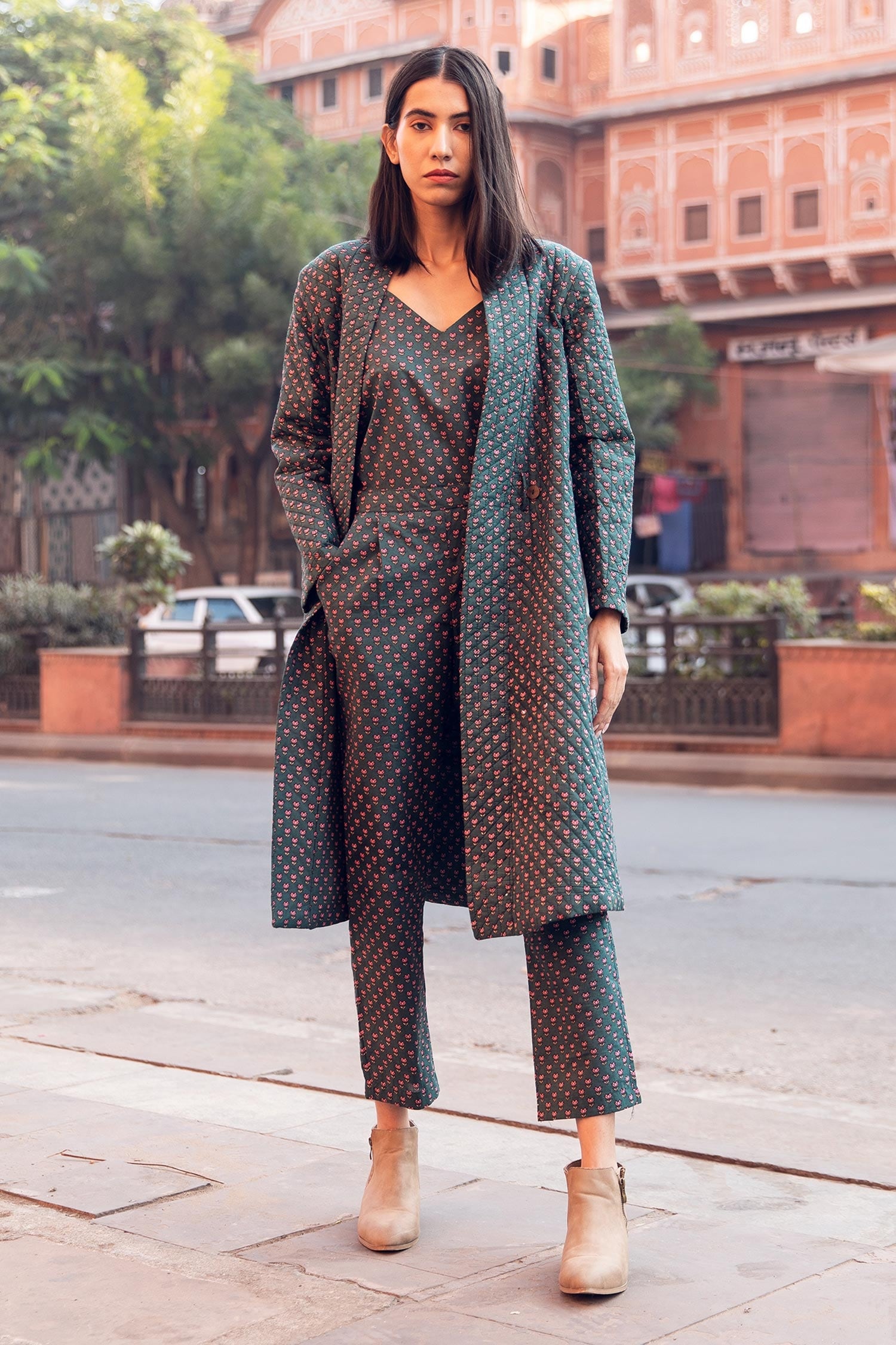 Gulabo Jaipur Emerald Green Cotton Block Print Floral Kafia Coat And Pant Set For Women