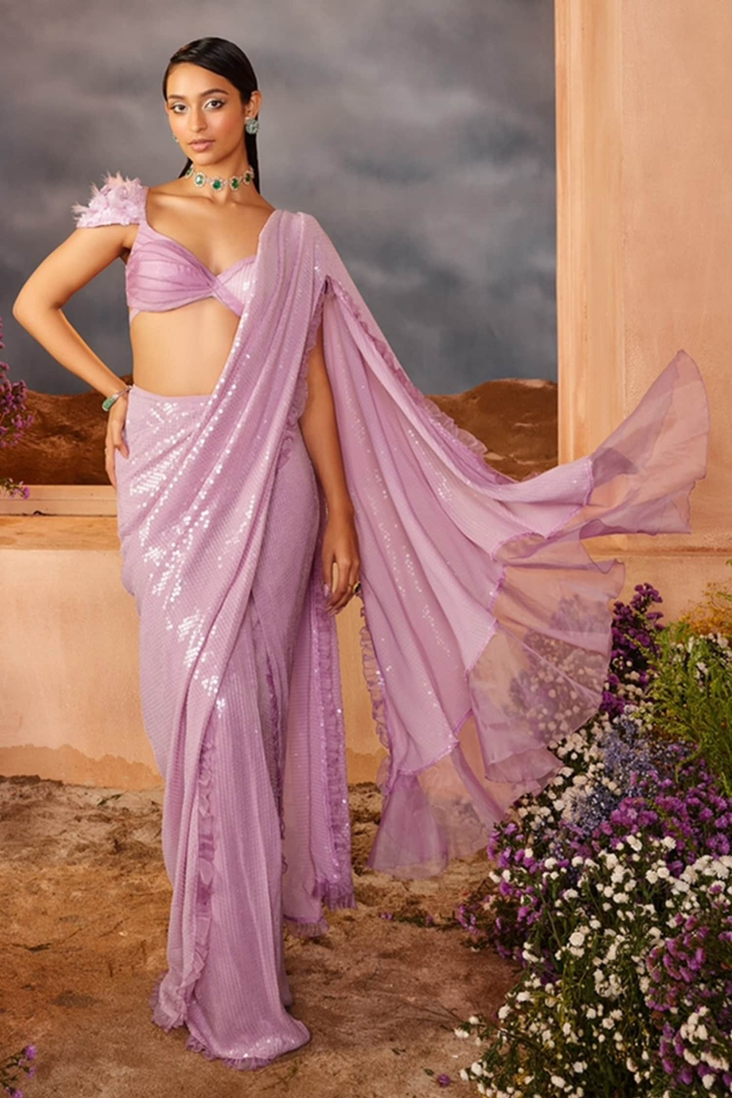 IS-CU-276 PURPLE RUFFLE SAREE WITH CHIKANKARI EBROIDERED BLOUSE