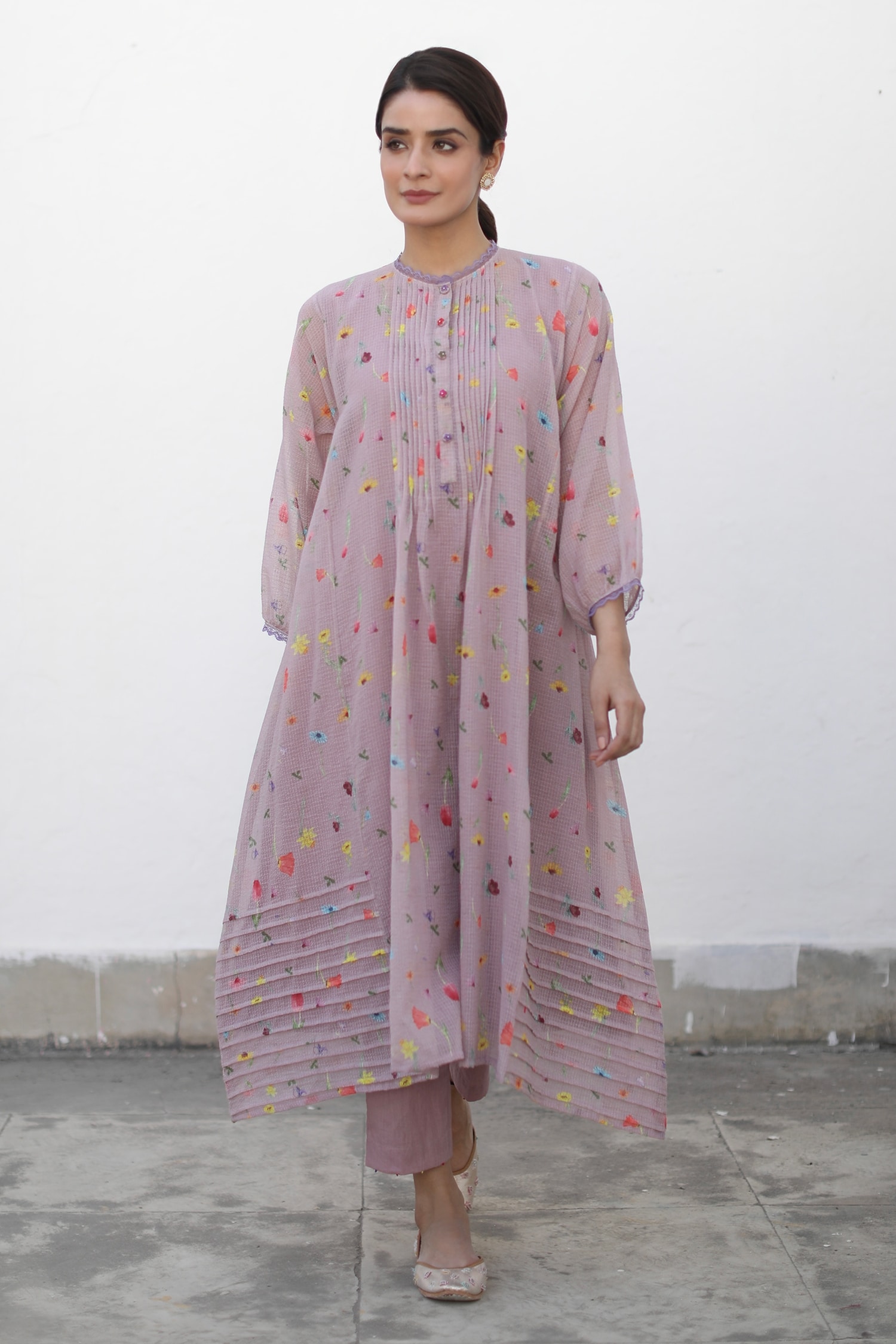 Buy Begum Pret Pink Faya Floral Print Kurta Set Online | Aza Fashions